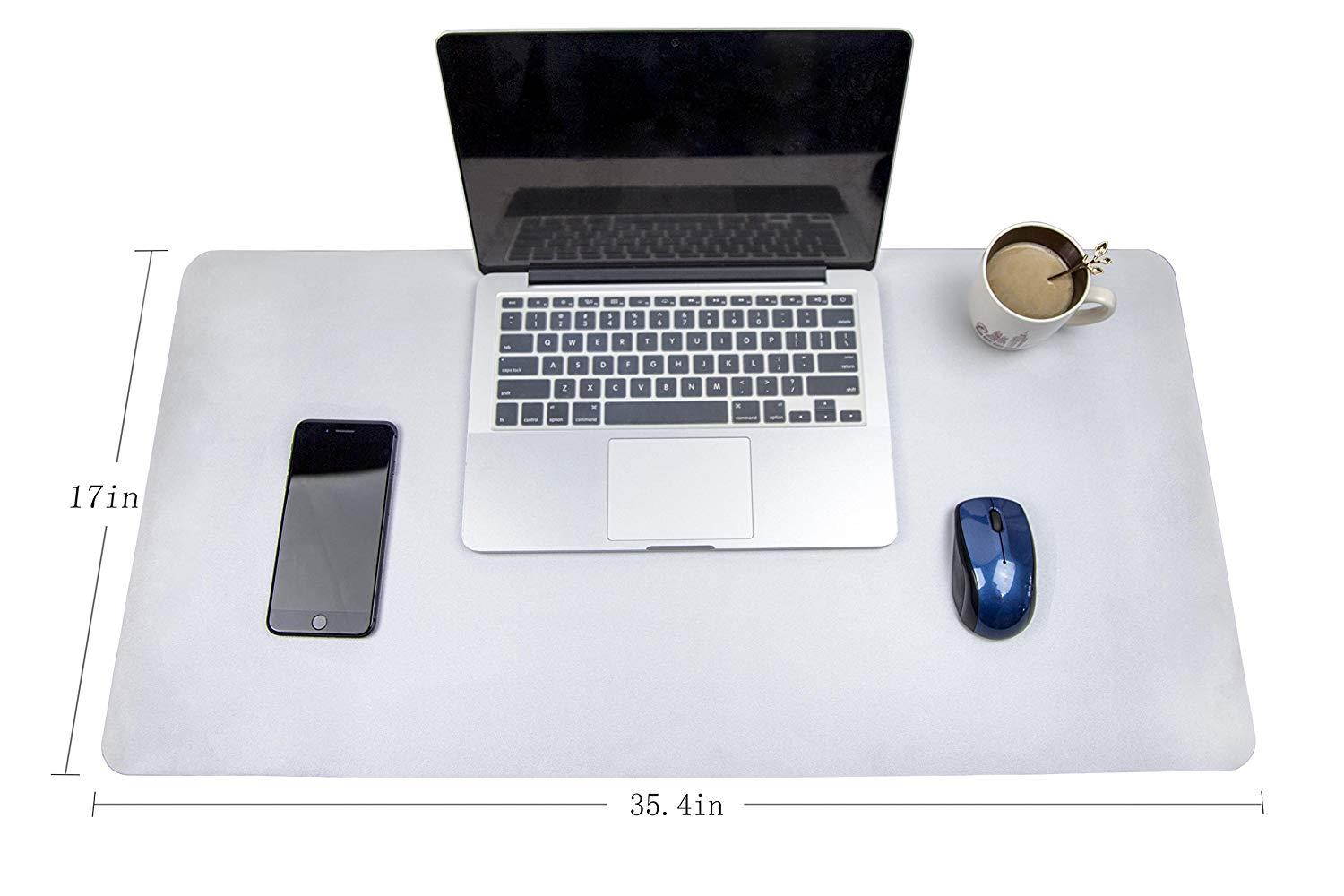 Multifunctional Office Desk Pad, 35.4" x 17" YSAGi Ultra Thin Waterproof PU Leather Mouse Pad, Dual Use Desk Writing Mat for Office/Home (35.4" x 17", Silver)