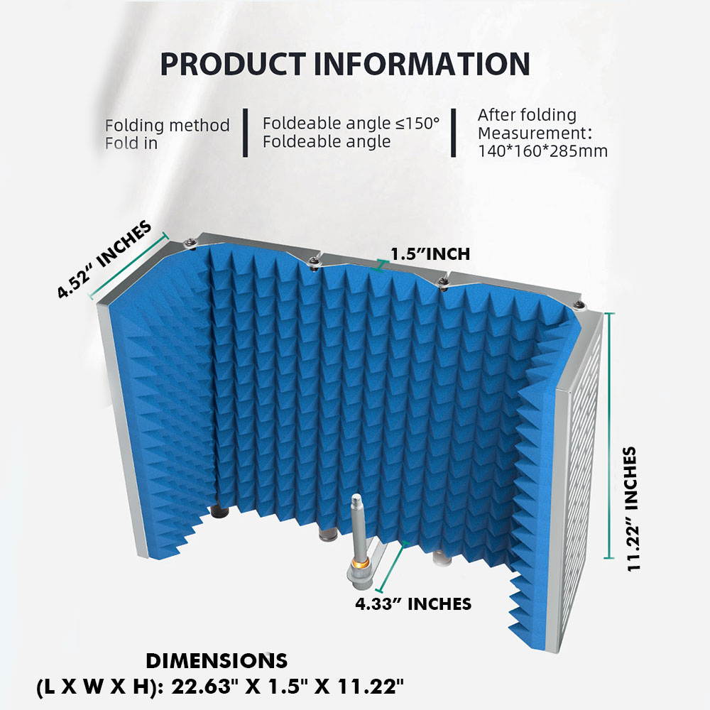Technical Pro Portable and Foldable 5-Panel Professional Vocal Isolation Reflection Sound Shield for Home Office and Studio Recording  (Silver Aluminum, Blue Foam)