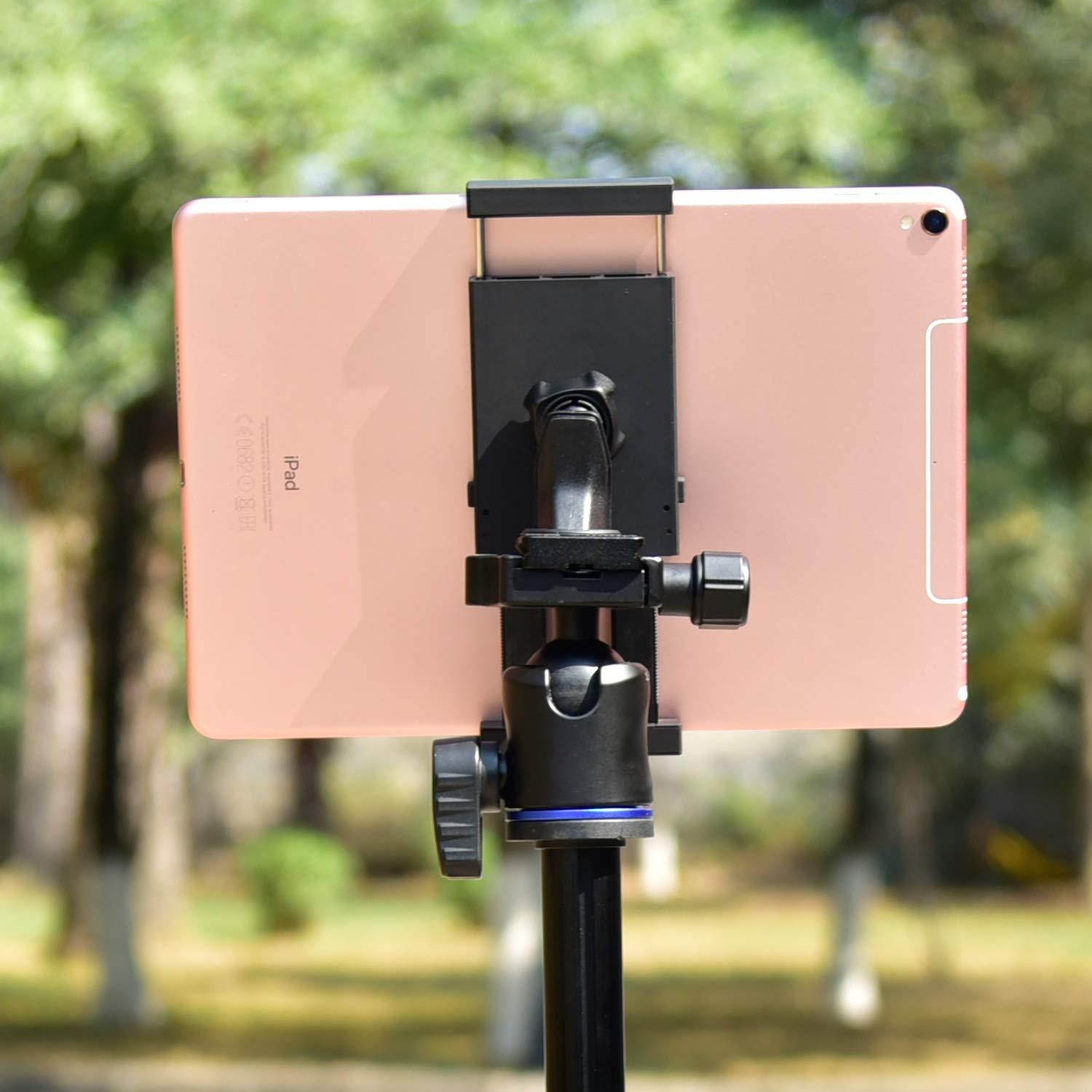 APPS2Car Sturdy Tablet and Phone Tripod Mount for iPad Samsung Tablet Cell Phone More, Rotatable Tiltable Tripod Adapter Stand Clamp Holder for Video Recording Photo Booth Live Music Camera