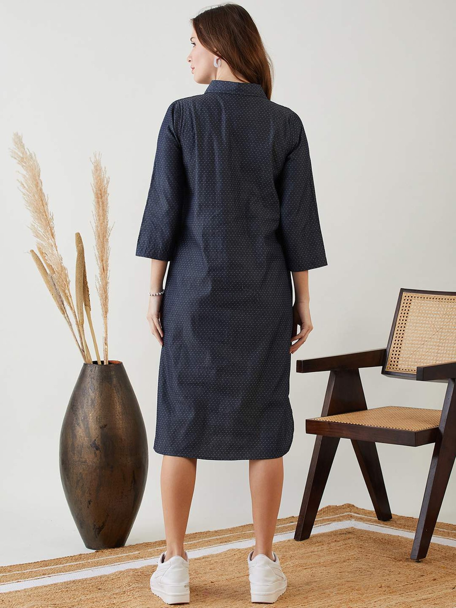 The Kaftan Company Blue Cotton Self Pattern A-Line Dress