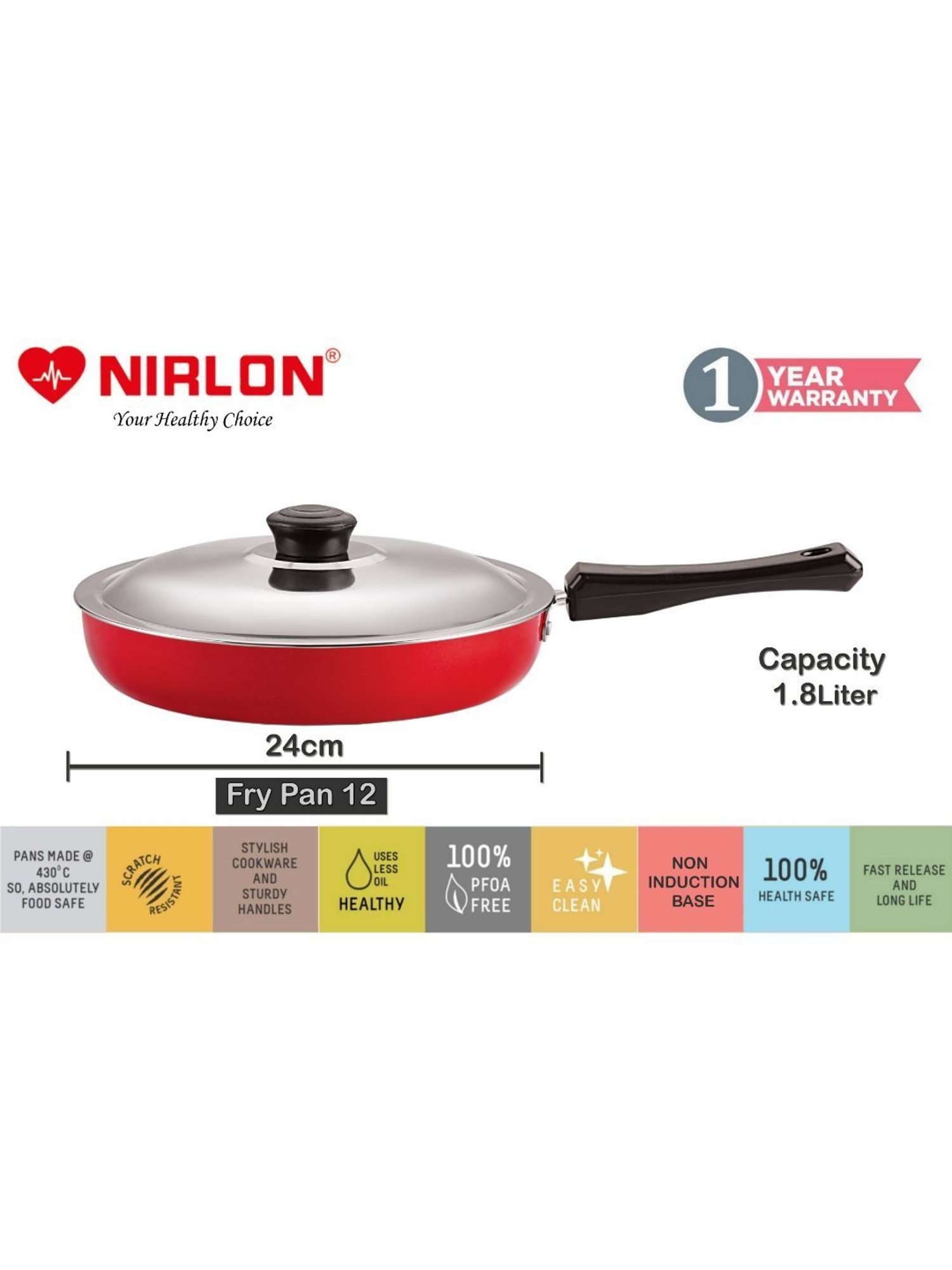 Nirlon Red Aluminium Non-Stick Coating Fry Pan & AppaChatti With Lid