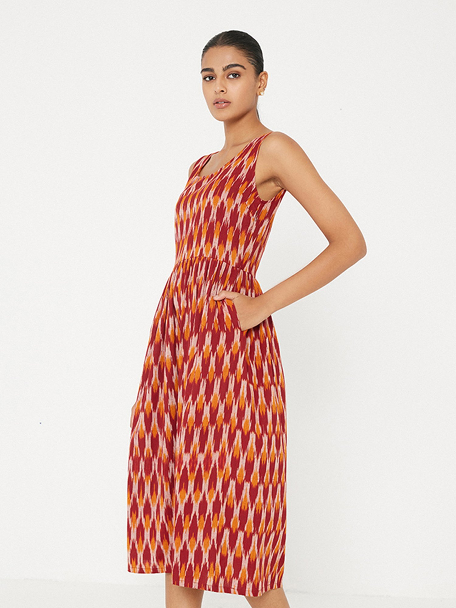 ANCESTRY Orange & Red Printed Midi Dress