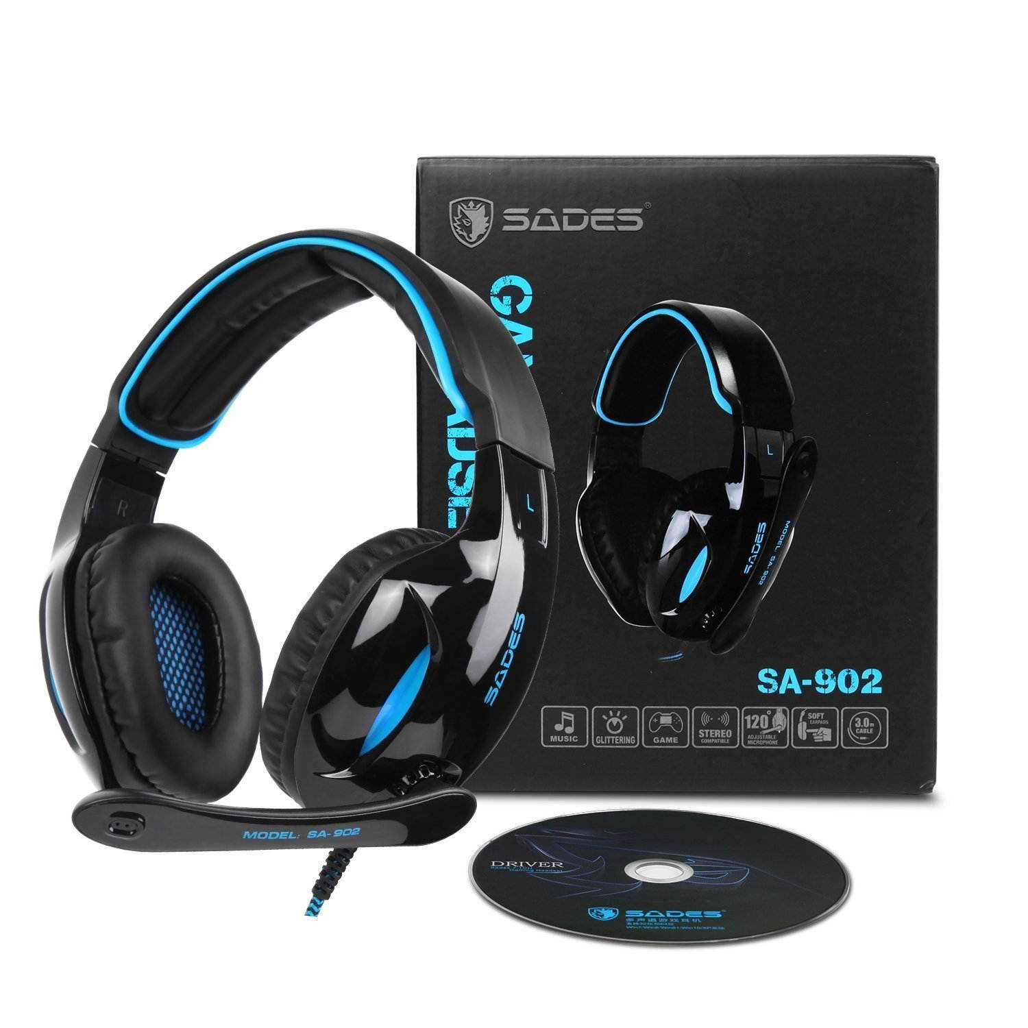 SADES 2017 New SA902 USB Headset 7.1 Surround Stereo Wired PC Gaming Headset Over Ear Mac Gaming Headphones with Microphone Revolution Volume Control Noise Canceling LED Light (Black/Blue)