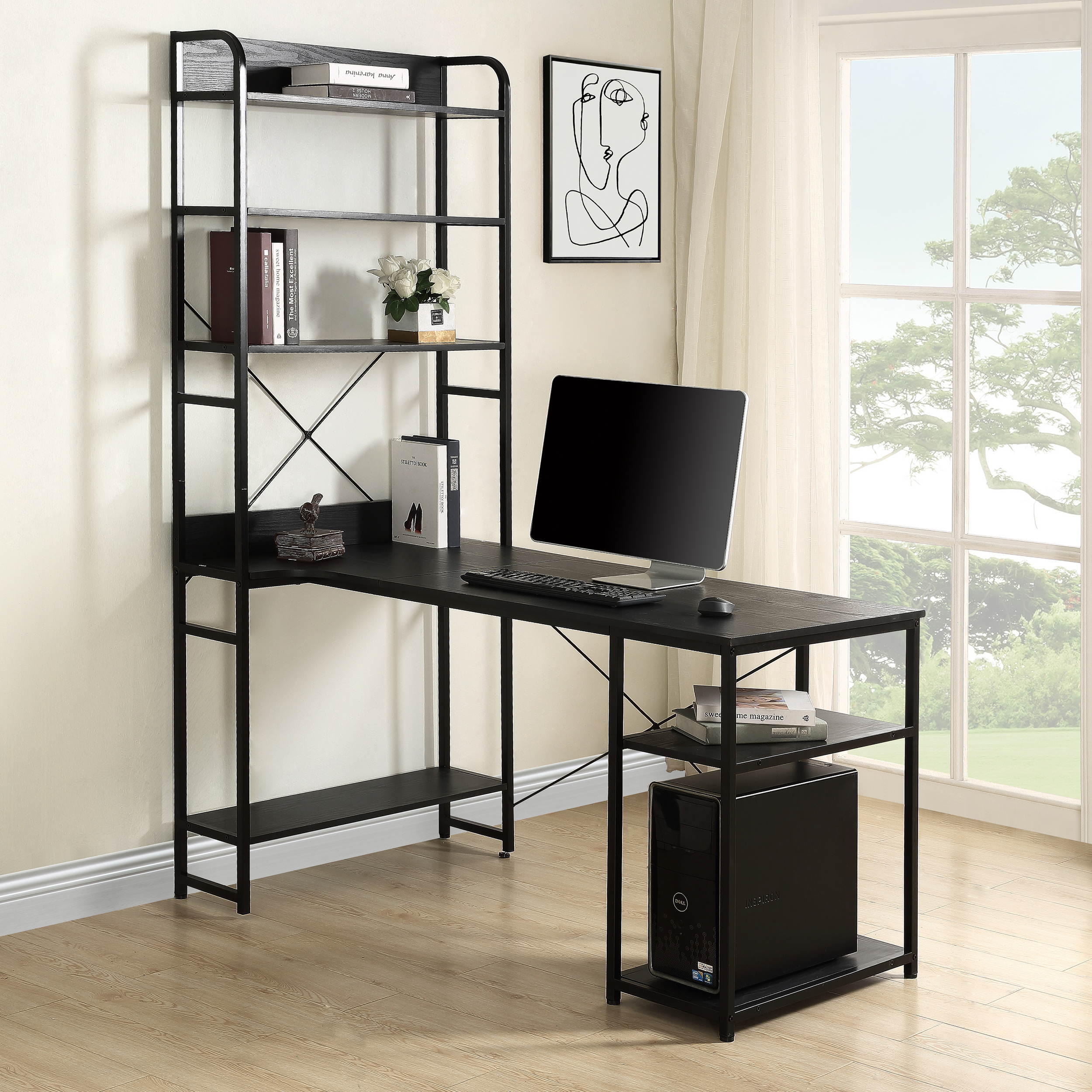 Home Office Computer Desk Gaming Desk with Steel frame and MDF Board 5 Tier Open Bookshelf Plenty Storage Space