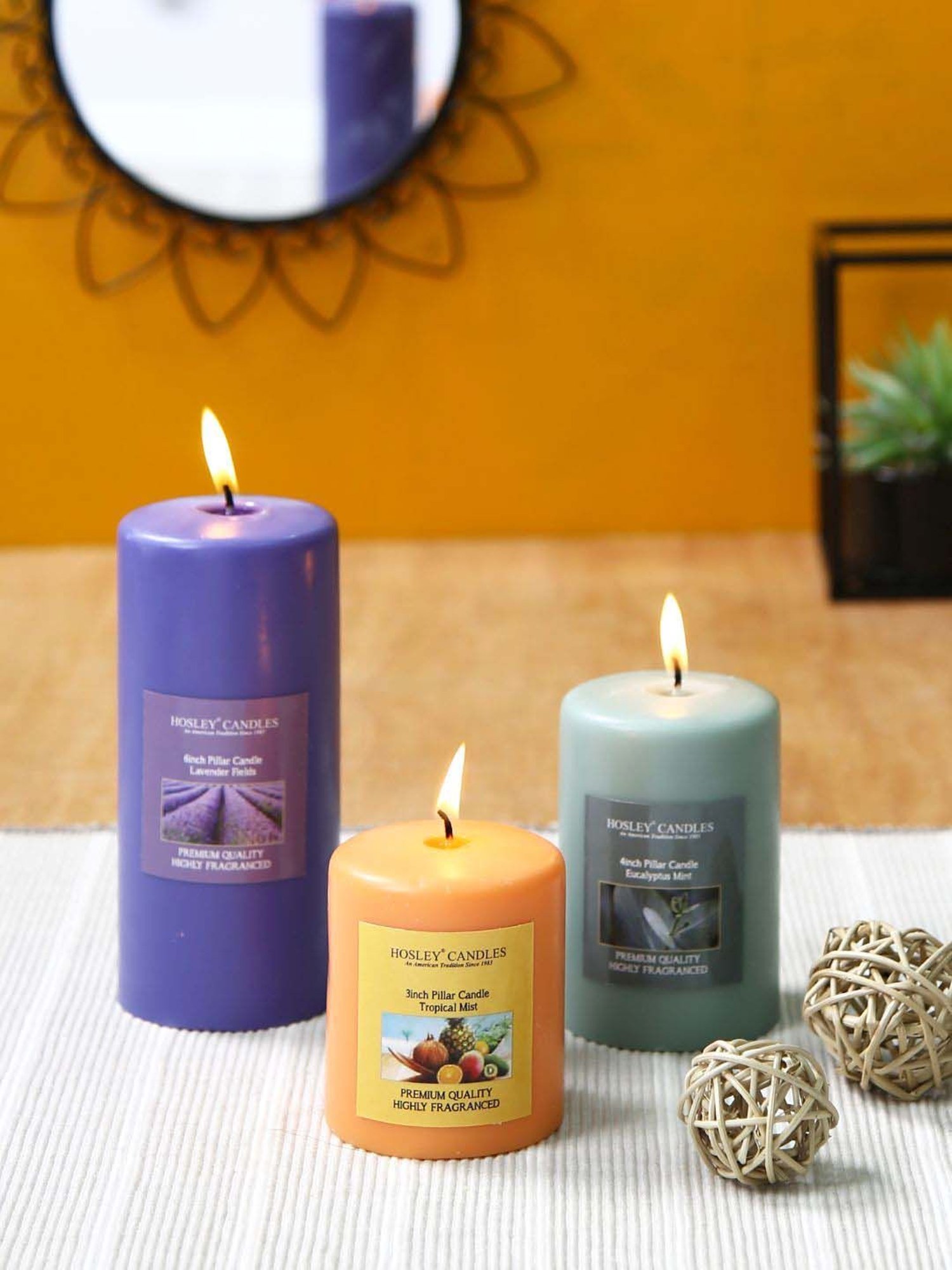 HOSLEY Multicolor Wax Pillar Candle - Set of 3