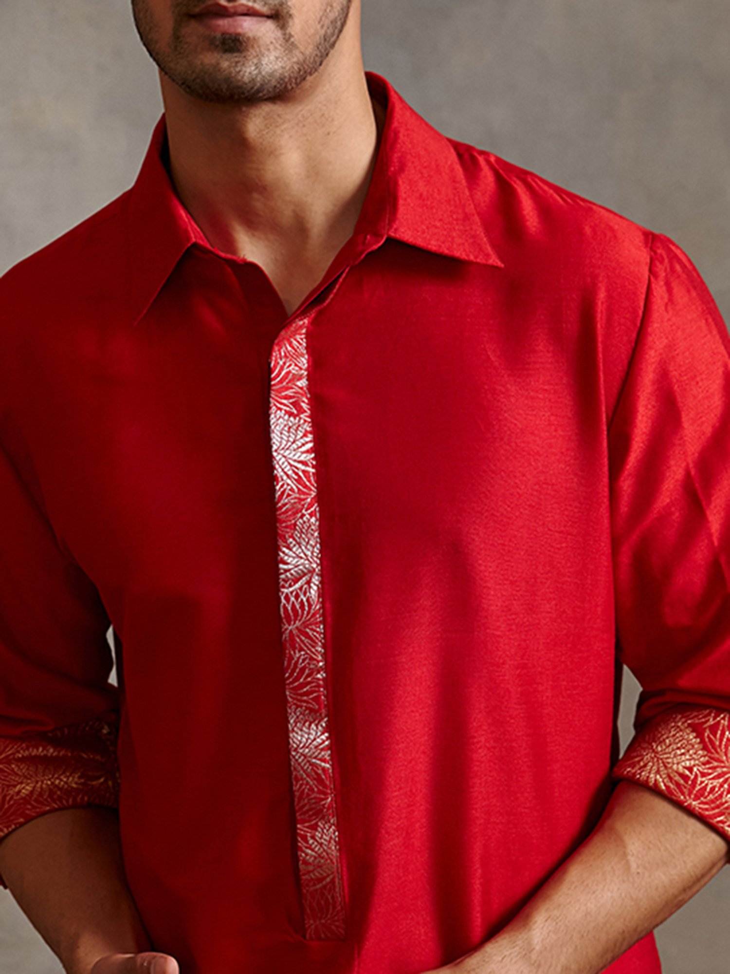 Abhishti Red Regular Fit Banarasi Zari Placket Kurta