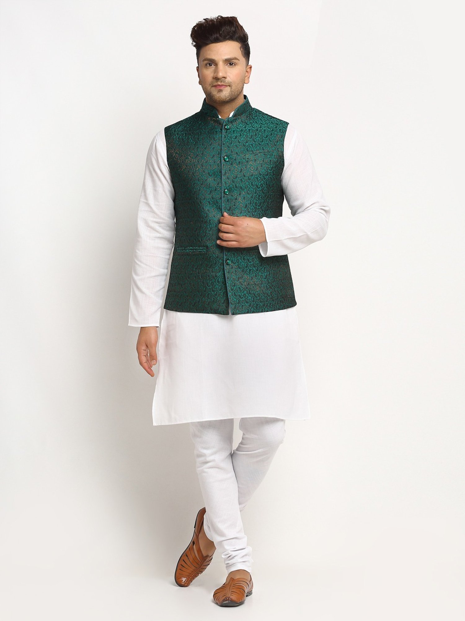 Treemoda Bottle Green Regular Fit Self Pattern Nehru Jacket