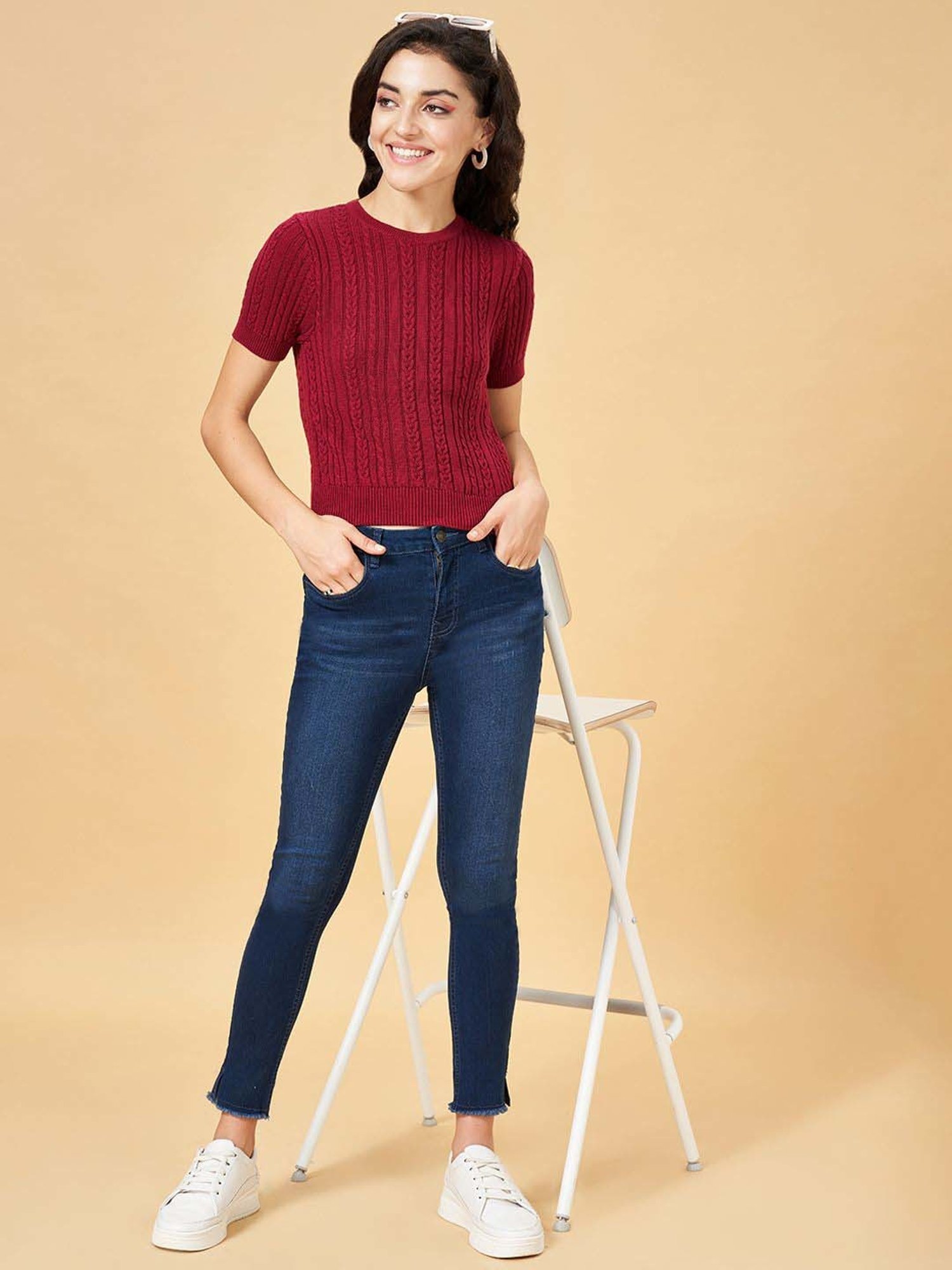 People by Pantaloons Maroon Cotton Self Pattern Top