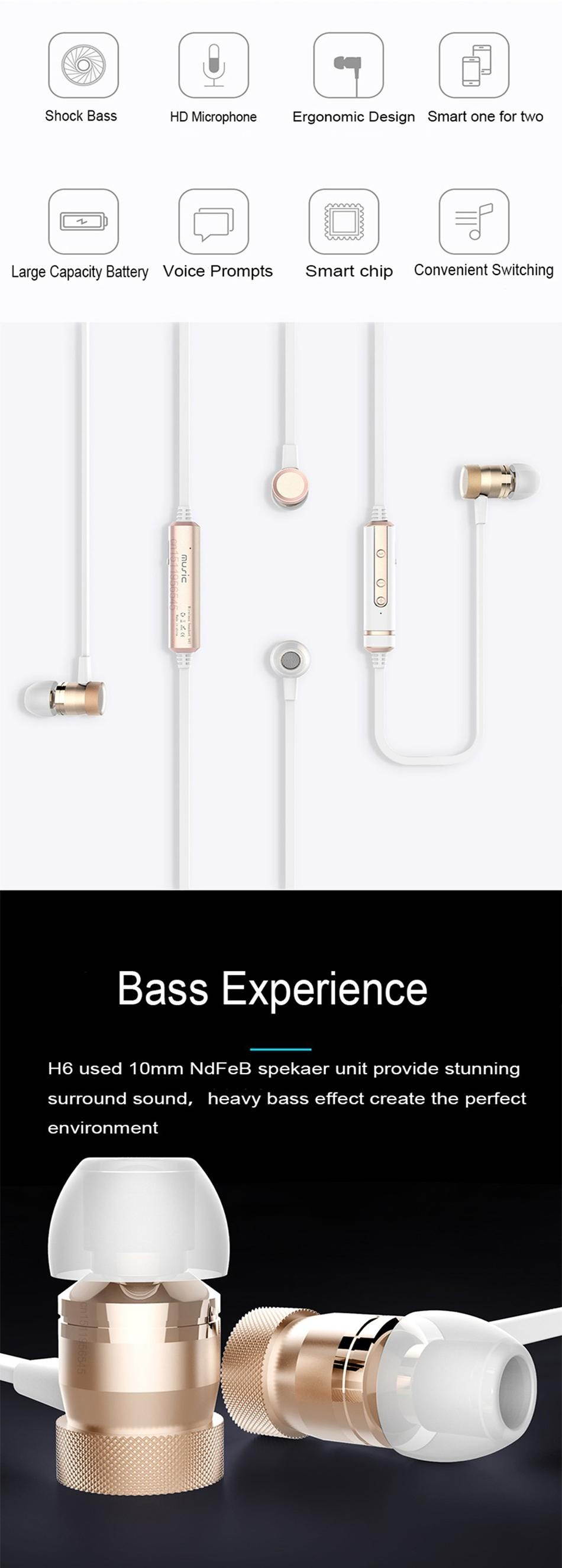 Sound Intone H6 Wireless Bluetooth Sport Earphone Headset with Mic - White Gold - Black gold