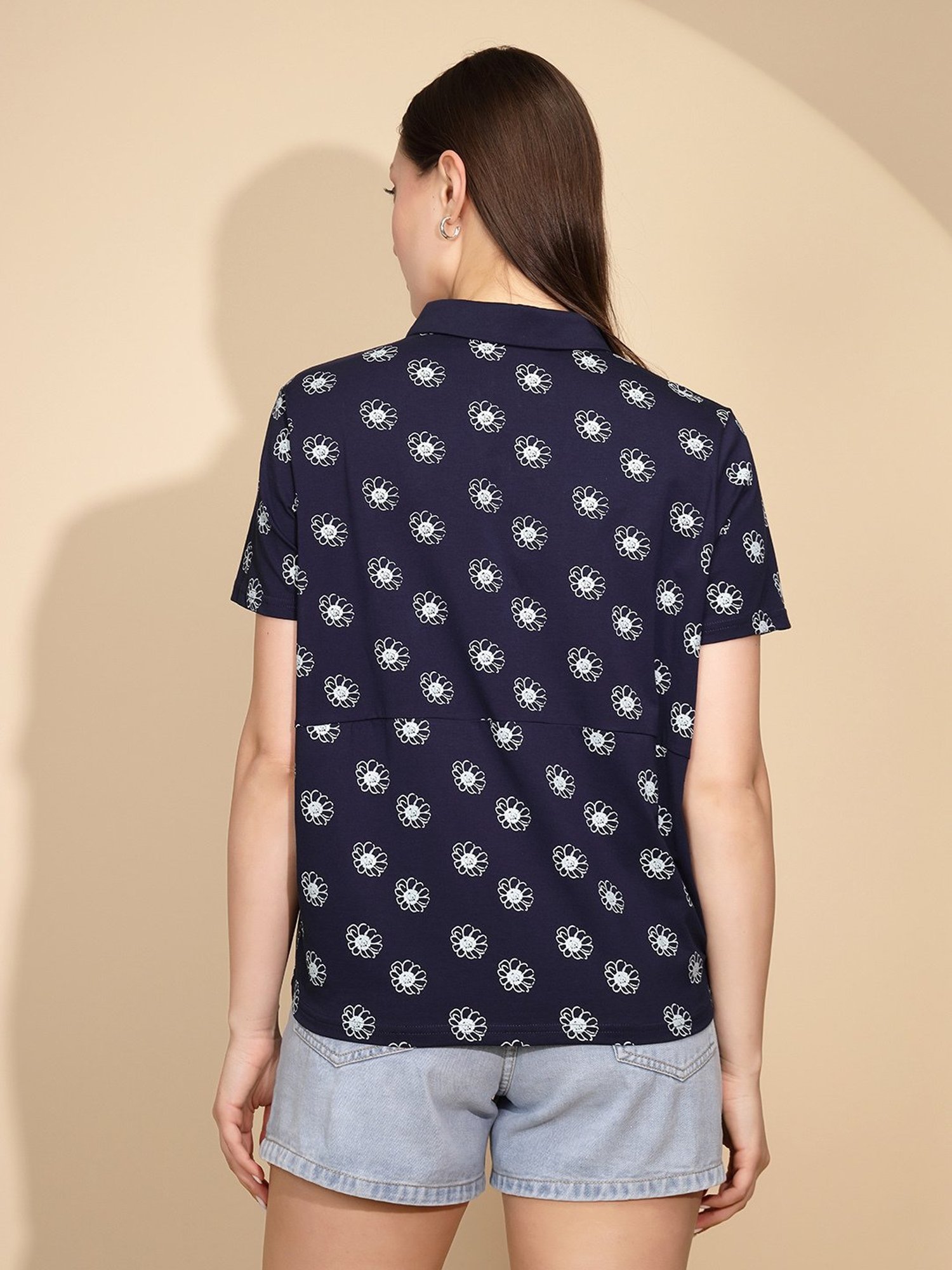 Global Republic Navy & White Floral Print Polo T-Shirt
