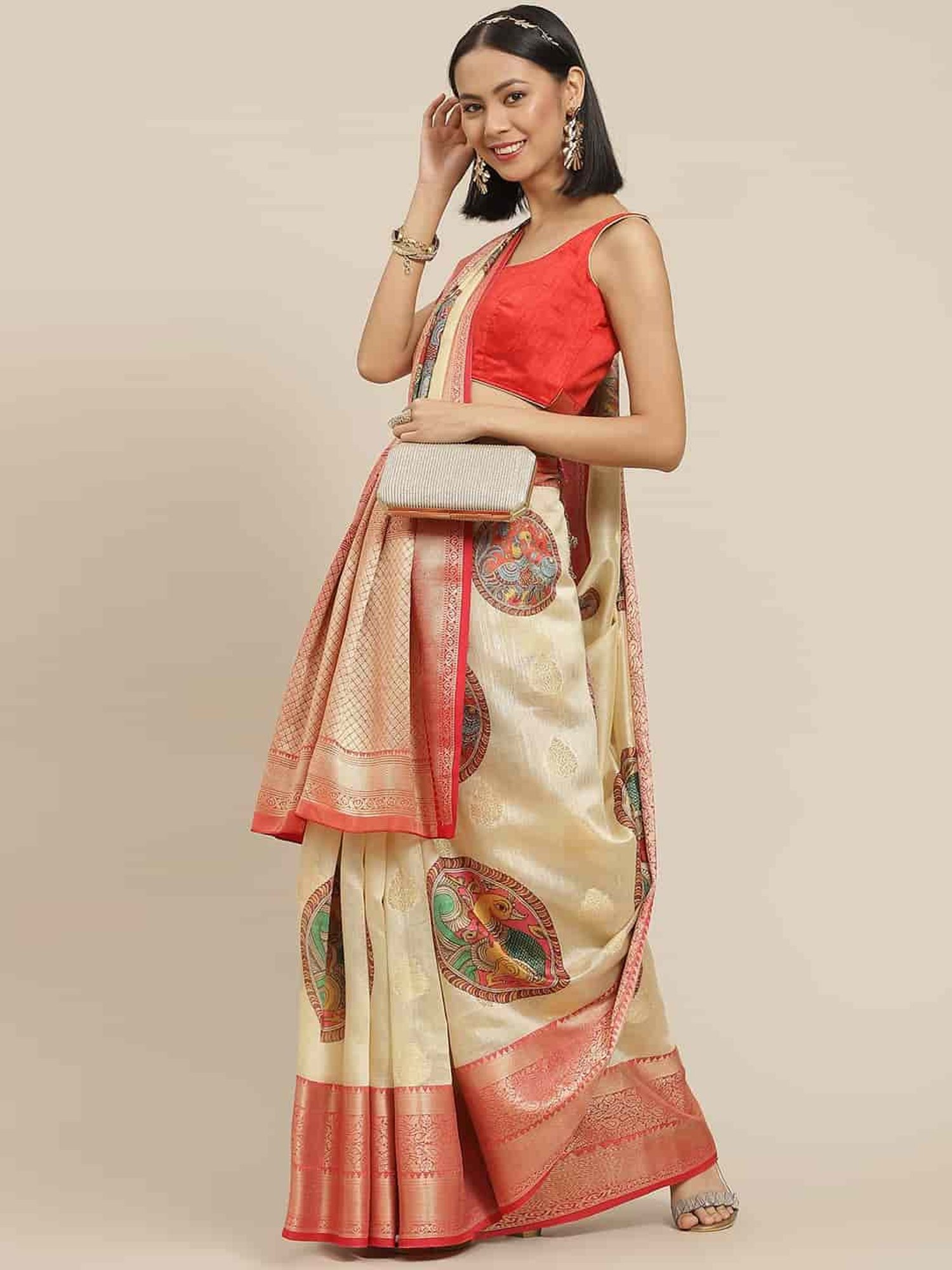 Silk Land Beige Silk Printed Saree With Unstitched Blouse