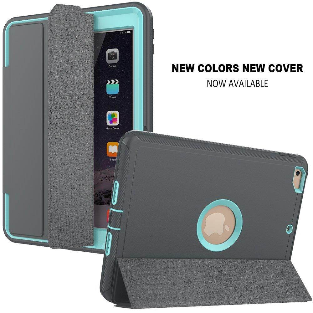 New iPad 9.7 2017/2018 case - DUNNO Heavy Duty Full Body Rugged Protective Case with Auto Sleep/Wake Up Stand Folio & Three Layer Design for Apple iPad 9.7 inch 2017/2018 (Grey/Light Blue)