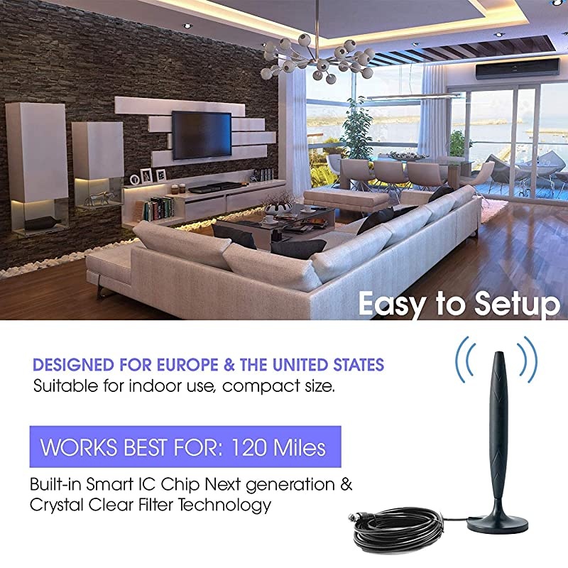 Antenna for Digital IndoorHD High Definition Television Smart Signal Strength Amplifier Premium Power Booster Long Range Antennas Clear Channel Reception Miles Away Adapter with 98f Cable