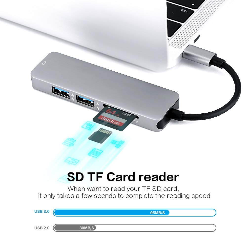 5 in 1 Type-C to HDMI 4K Video Converter with SD/TF Card Reader and 2 USB3.0 HUB, 5in1 USB-C to 4K HDMI 2 x USB 3.0 SD TF Dock.