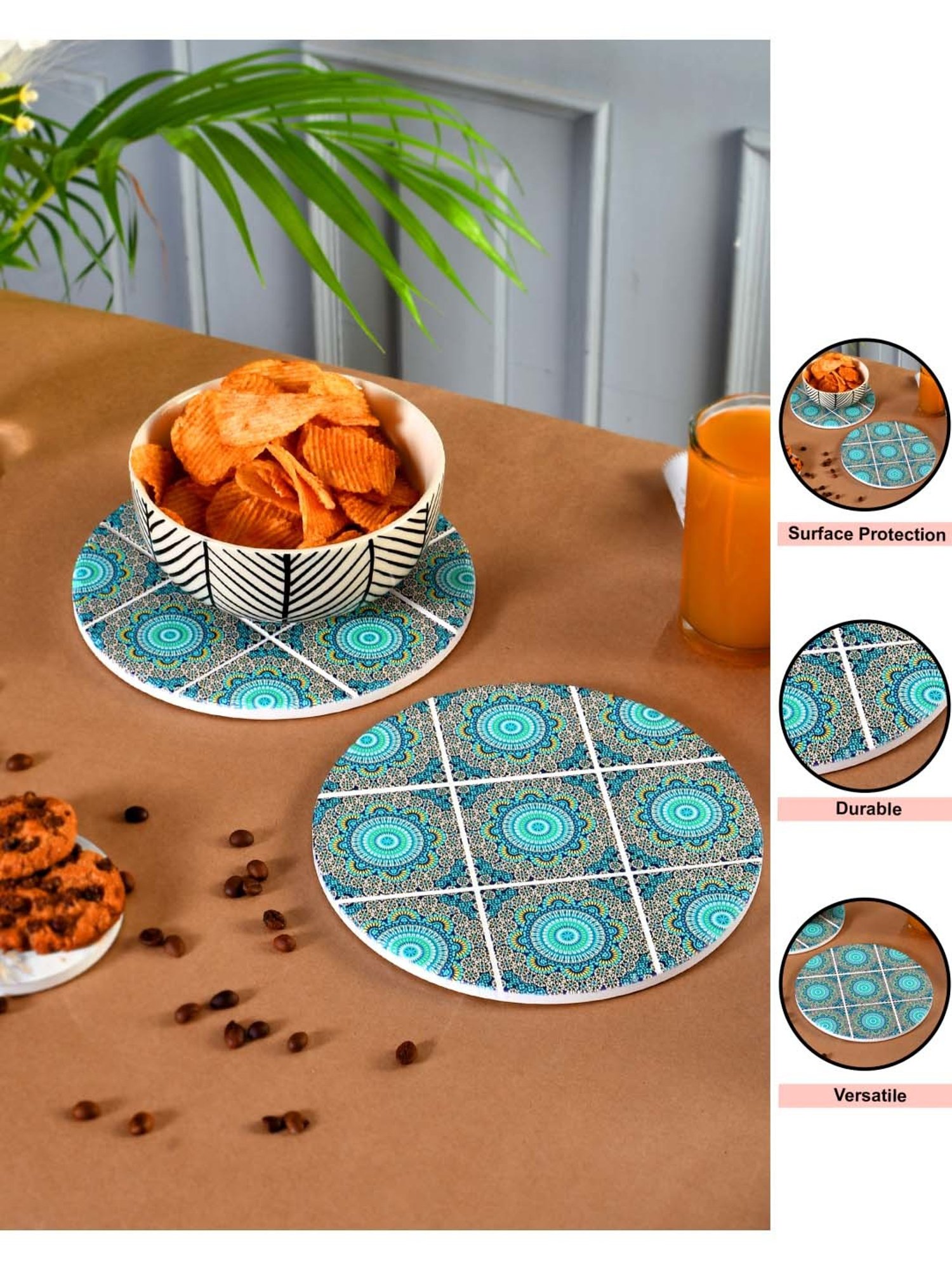TAYHAA Blue Ceramic Exquisite Printed Coasters - Set of 2