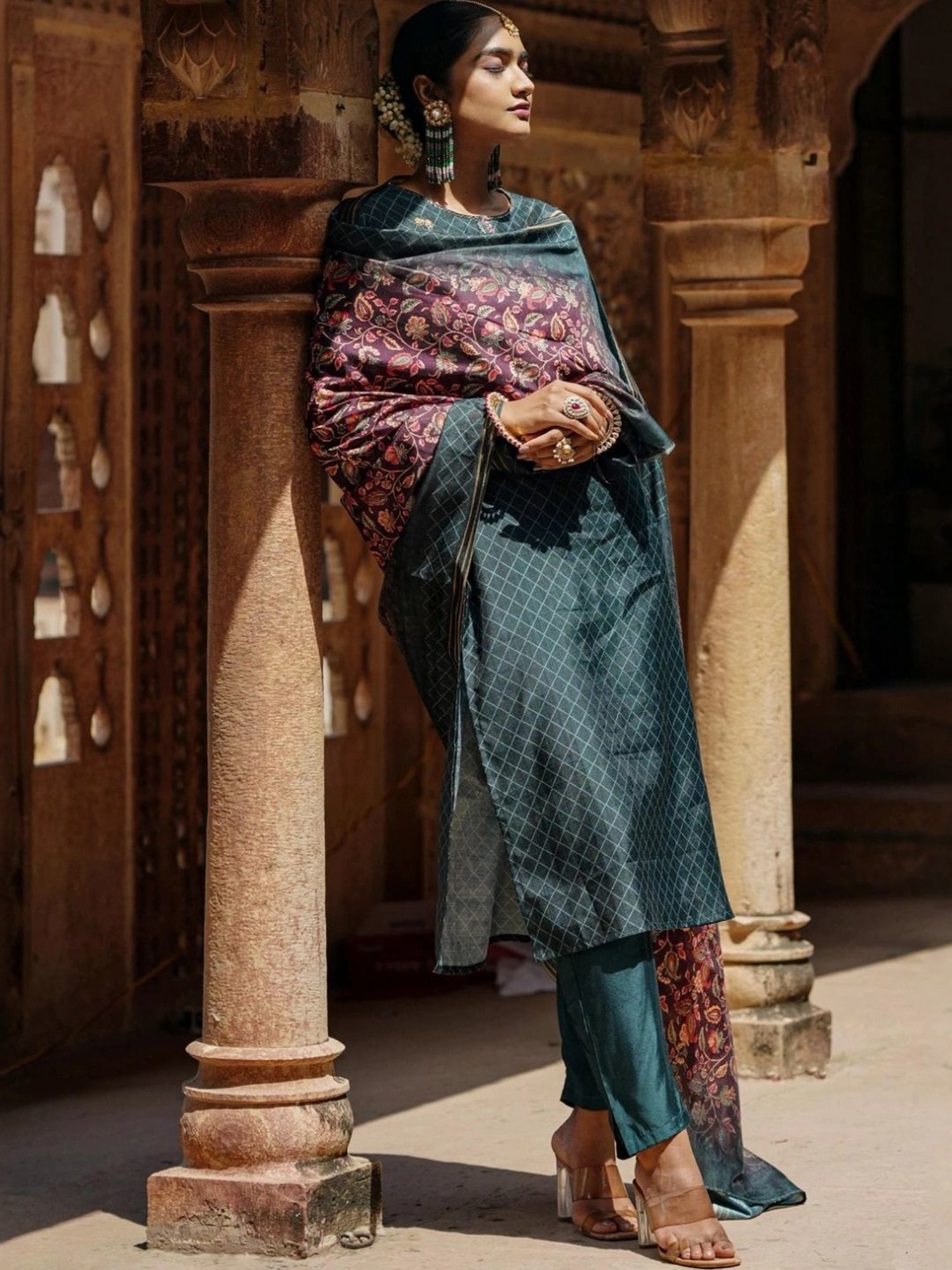 Scakhi Deep Teal Modal Chanderi Printed Suit Set Kurta With Pant And Dupatta