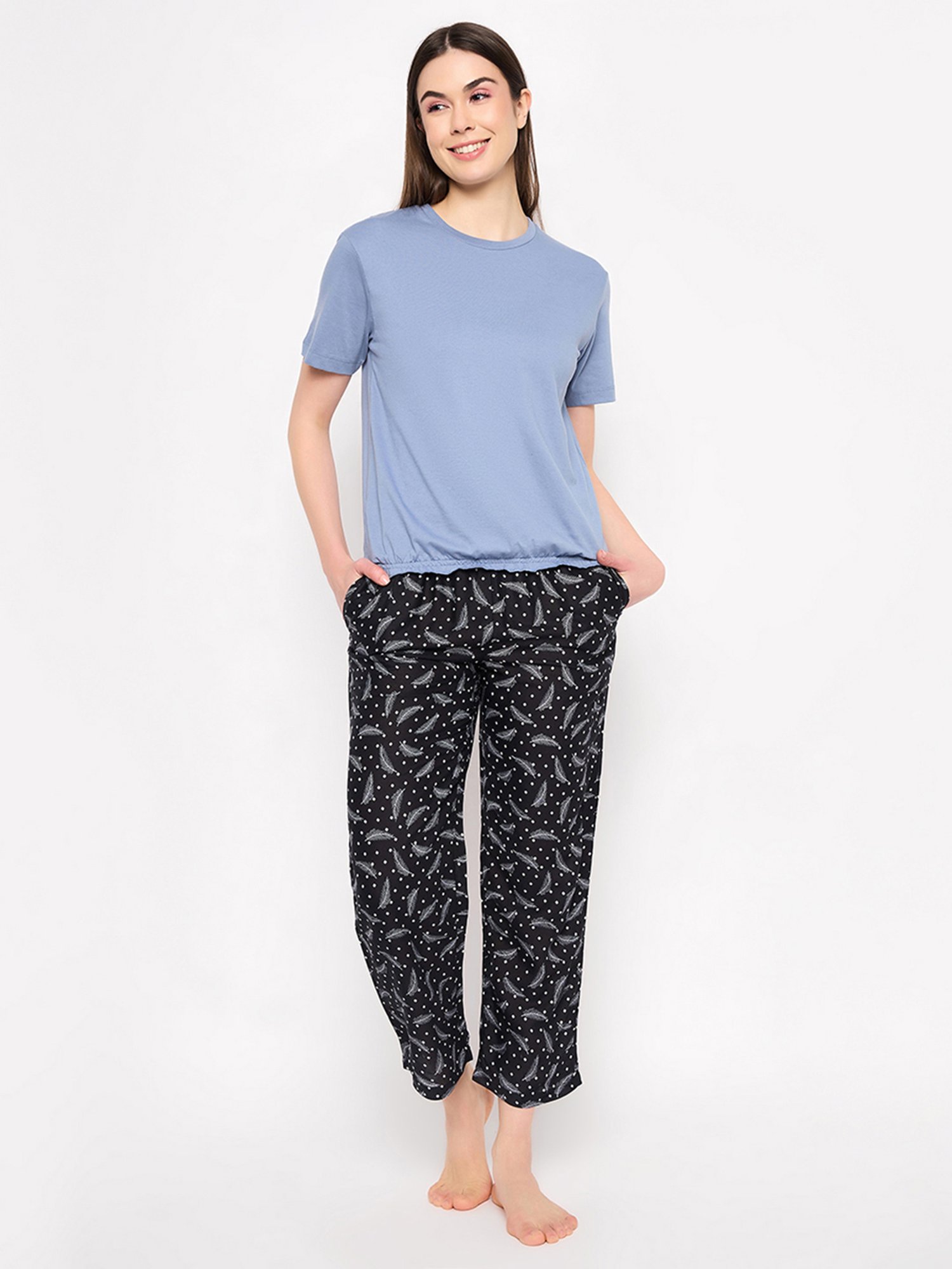 Clovia Blue & Black Printed Top With Pyjamas