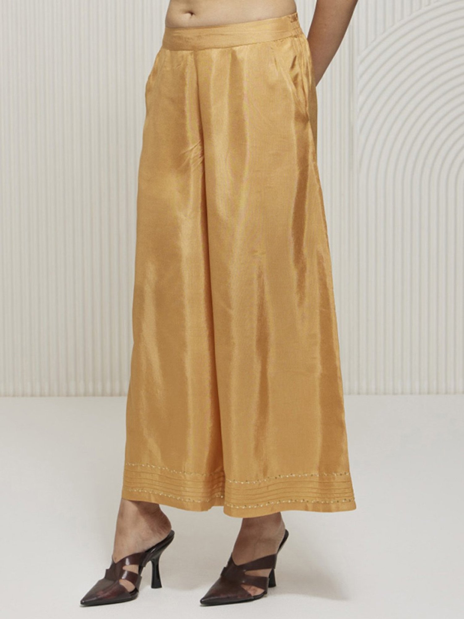 Artagai Gold Earth Palazzo with Pin Tucks and Embroidery At Hemline