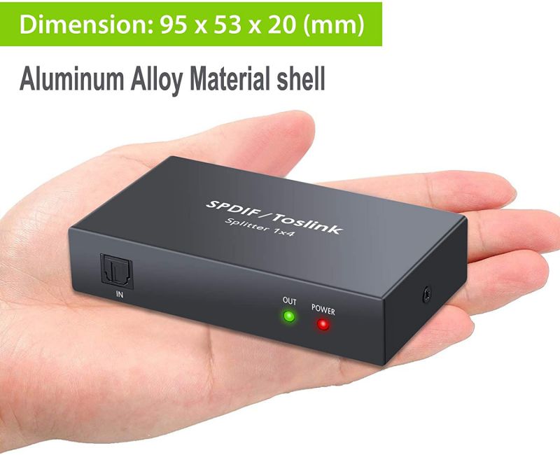 LiNKFOR Digital Optical Audio 1x4 Splitter Digital SPDIF Toslink Optical Fiber Audio Splitter 1 in 4 Out Aluminum Alloy with Optical Cable for PS3 Blue-Ray DVD HDTV