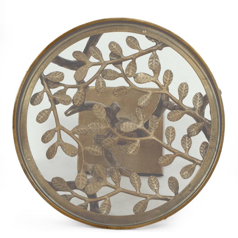 Broadwater Boho Glam Handcrafted Aluminum Floral Accent Table with Glass Top Raw Brass - Christopher Knight Home