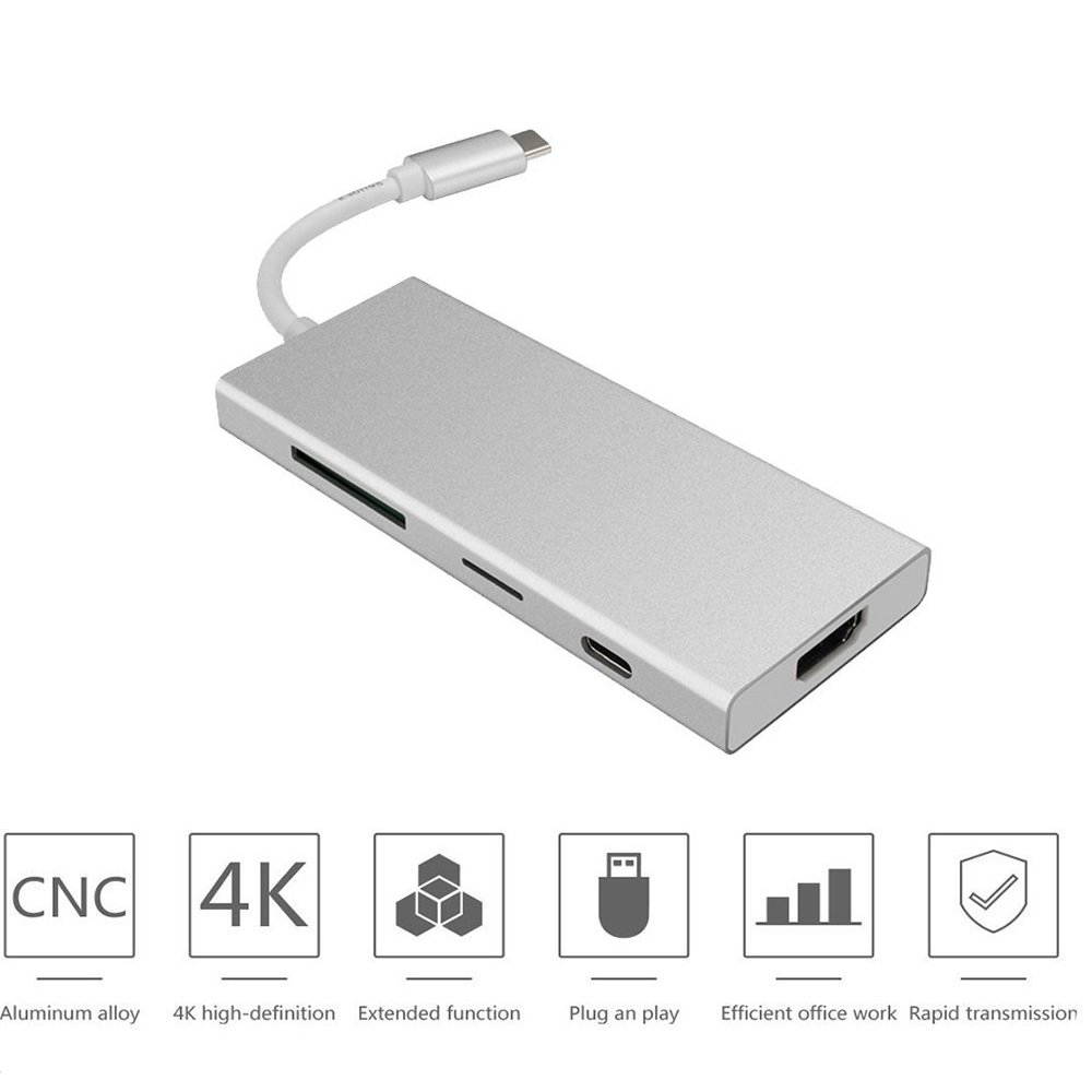 7 in 1 USB C HUB, Type-C to HDMI + PD + 3 x USB3.0 + SD/TF Dongle, Support SD/TF Card Reader, PD Fast Charging and 4K Ultra HD Video Output for New MacBook, ChromeBook and Surface.
