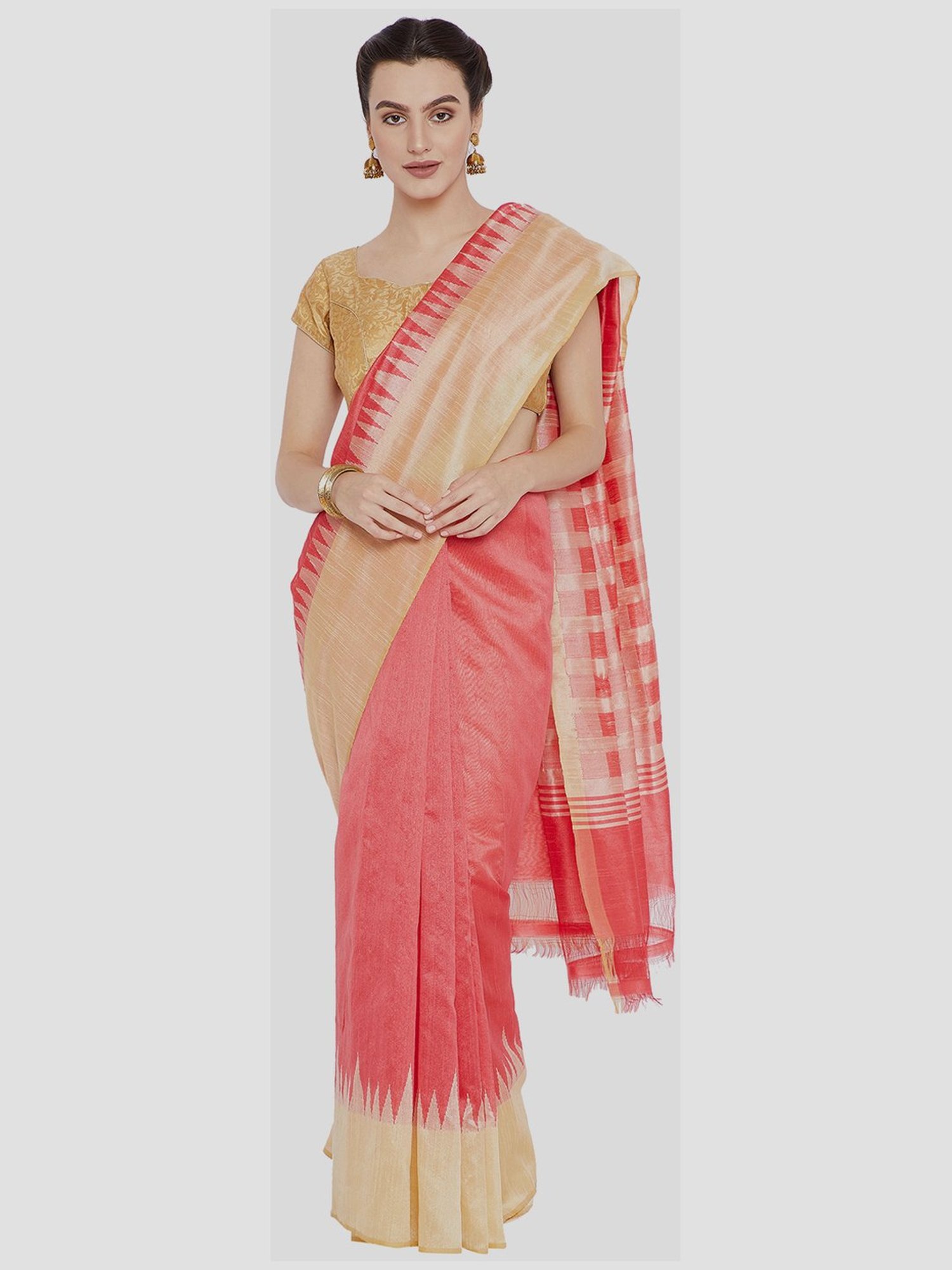 Kalakari India Peach & Beige Saree With Unstitched Blouse