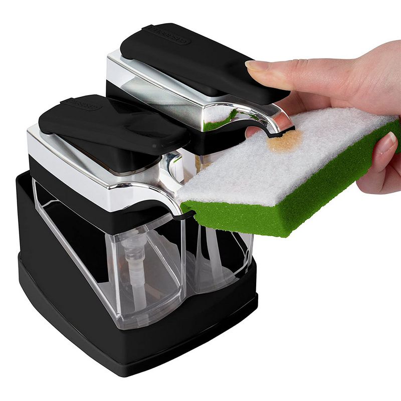 Casabella 8550083 Hand Pump Sink Sider Caddy Duo with Sponge and Chrome Plating for Daily Handwashing in the Kitchen, Bathroom, or Laundry Room, Black