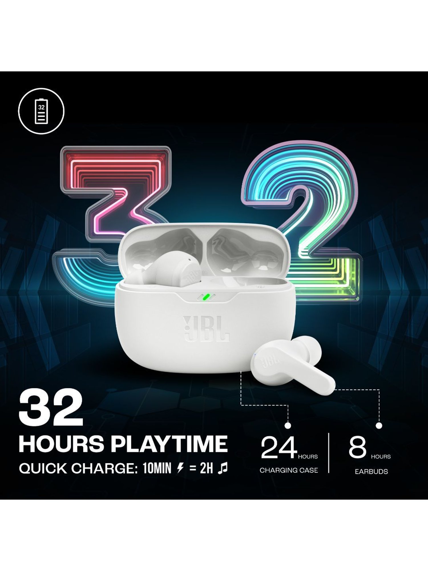 JBL Wave Beam TWS, 32Hr, Deep Bass, Dual Mode, Quick Charge, IP54, Smart Ambient & TalkThru (White)