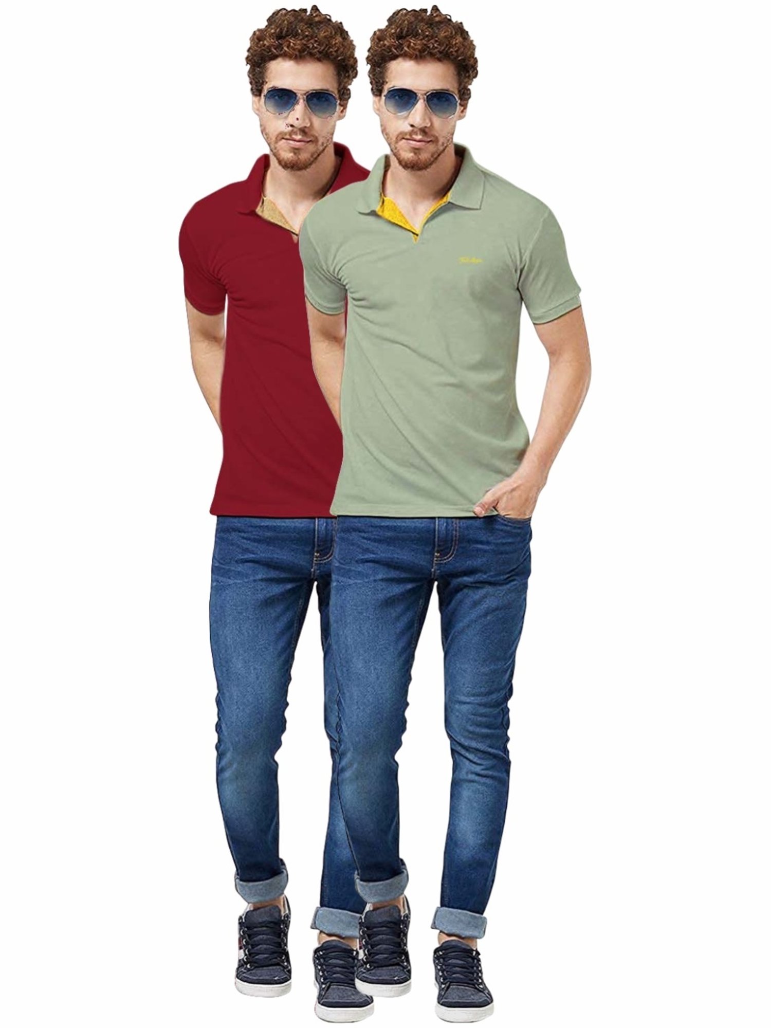 Tab91 Maroon & Sage Regular Fit Printed Polo T-Shirts