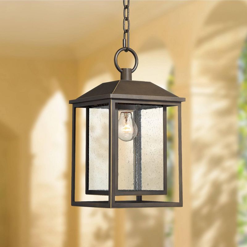 Franklin Iron Works Mission Outdoor Ceiling Light Hanging Bronze 16 3/4" Textured Glass Lantern for Exterior House Porch Patio