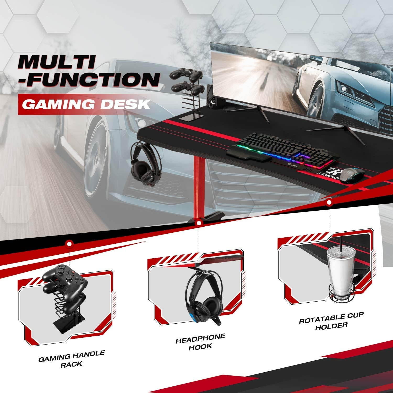 Devoko 63 Inch Gaming Desk T-Shaped PC Computer Table with Free Mouse Pad Carbon Fibre Surface Home Office Desk Gamer Table with Game Handle Rack Headphone Hook and Cup Holder (Red)