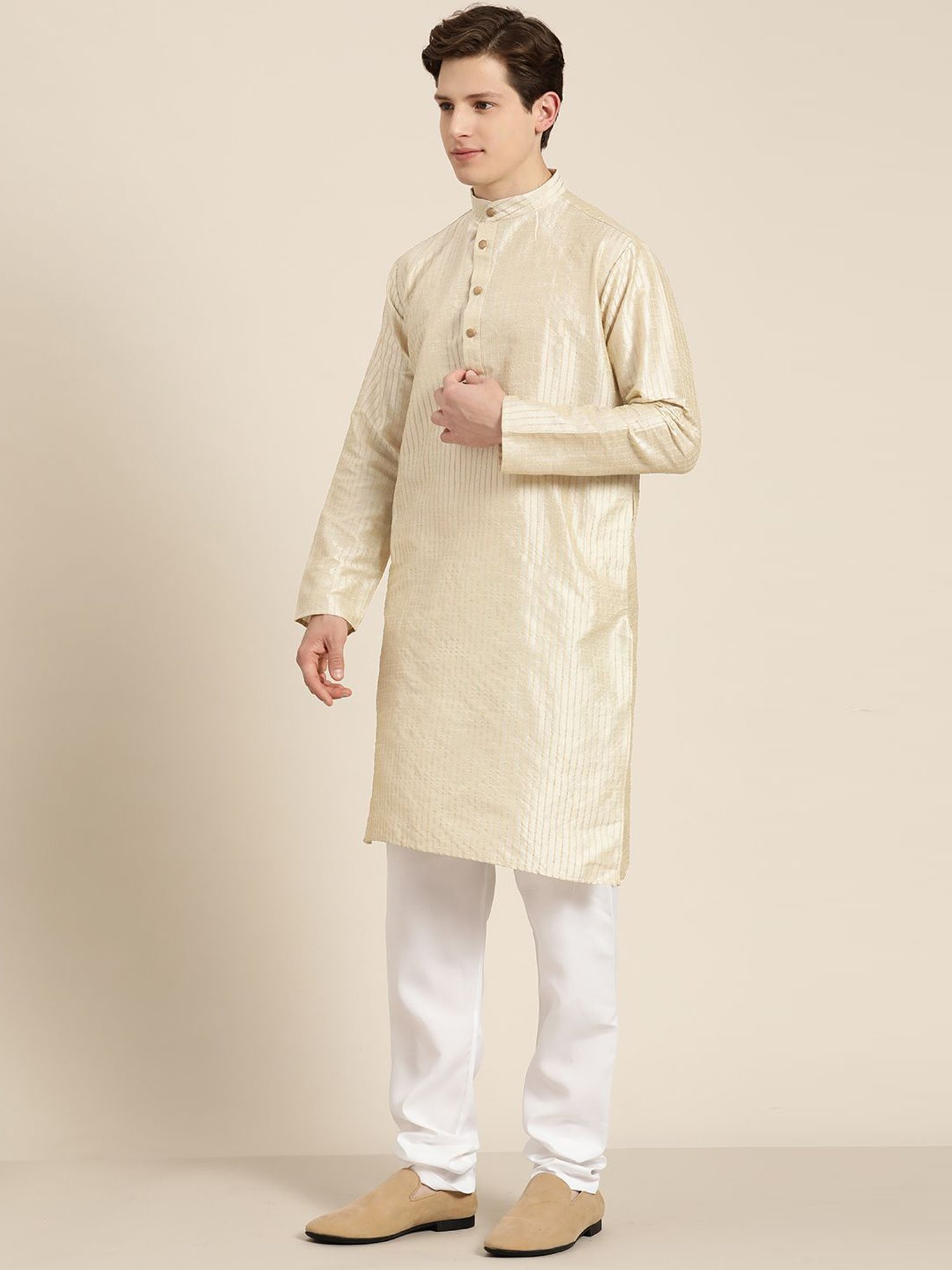 Sojanya Beige & Orange Regular Fit Self Pattern Kurta Set With Jacket