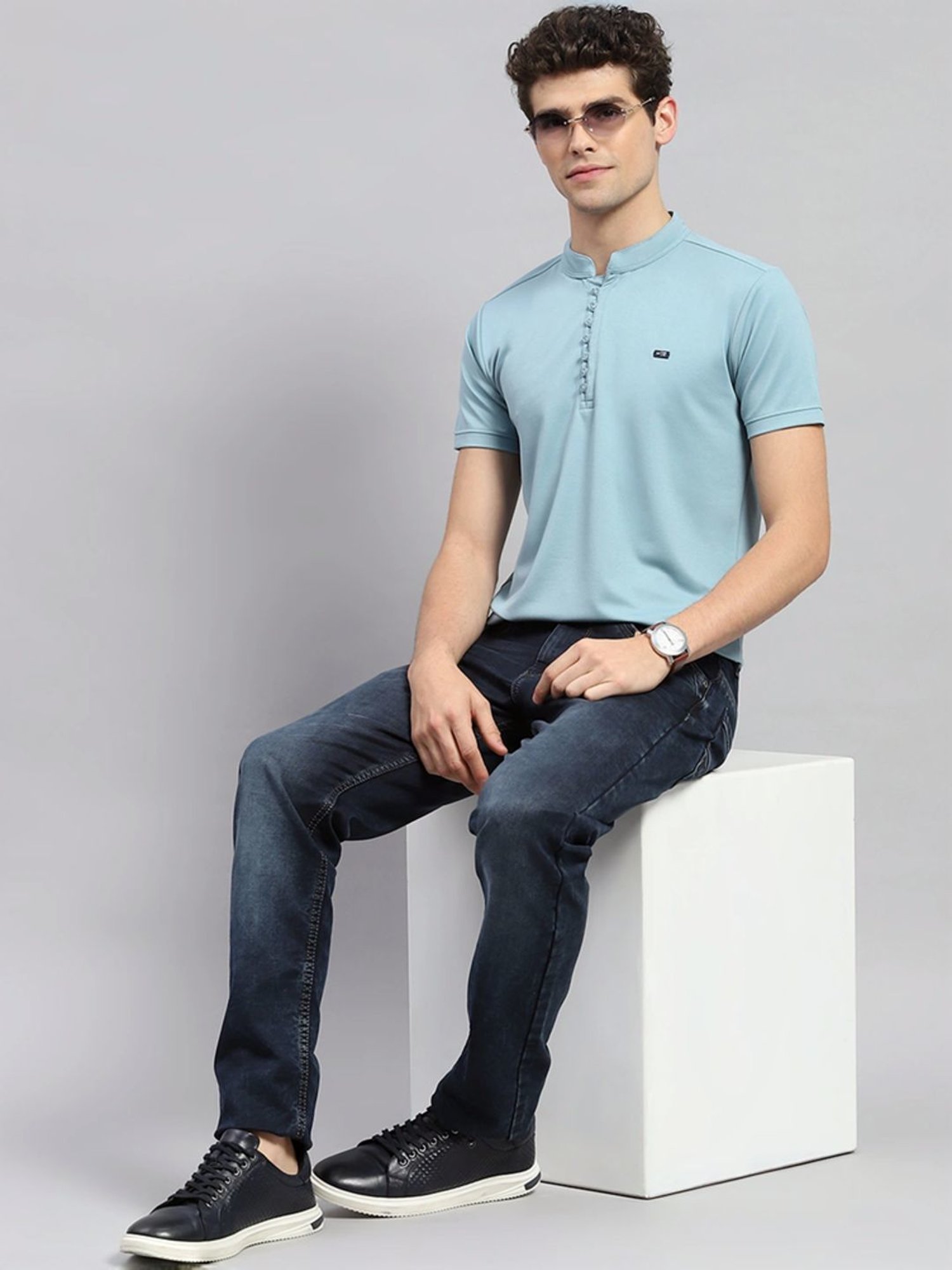 Monte Carlo Sky Blue Regular Fit Henley T-Shirt