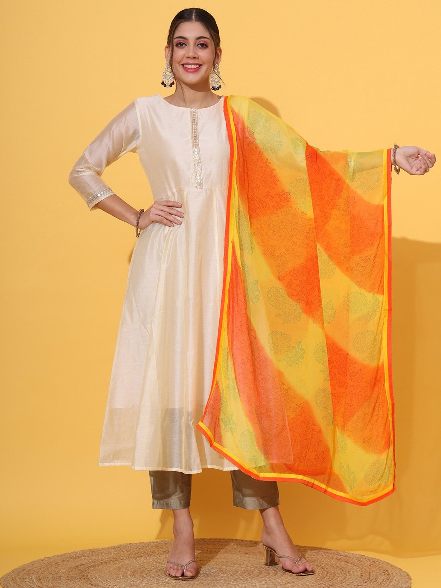 DECKEDUP Orange & Yellow Printed Dupatta