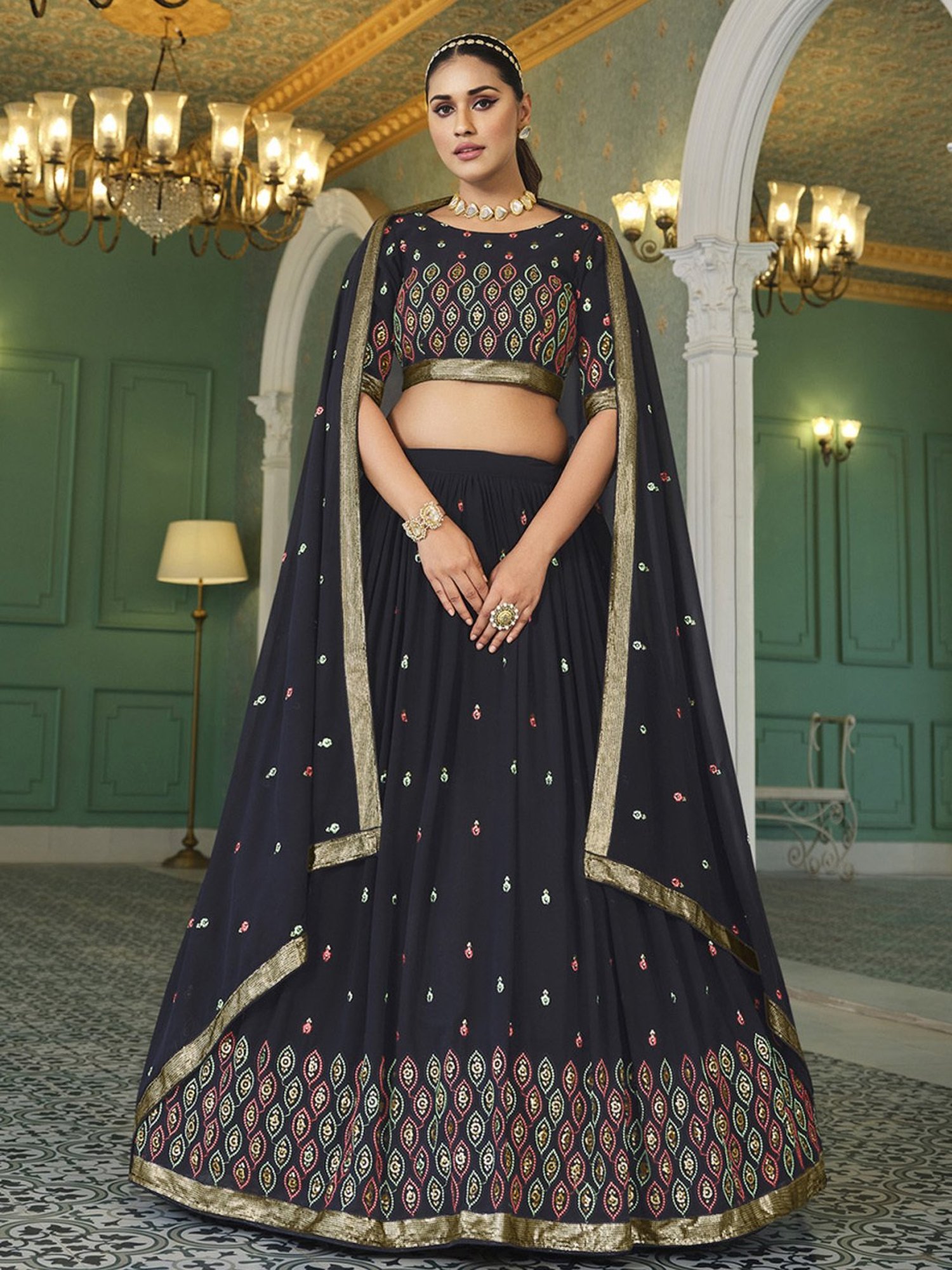 SHUBHKALA Black Embroidered Lehenga and Choli Set With Dupatta