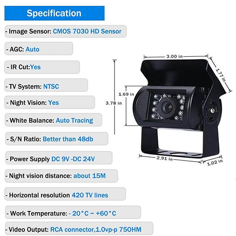 Truck Backup Camera Heavy Duty 18 LED IR Night Vision Waterproof Vehicle Rear View Camera 12 V 24V Backup Camera Without Guide Line Rear Camera + 328 ft Cable