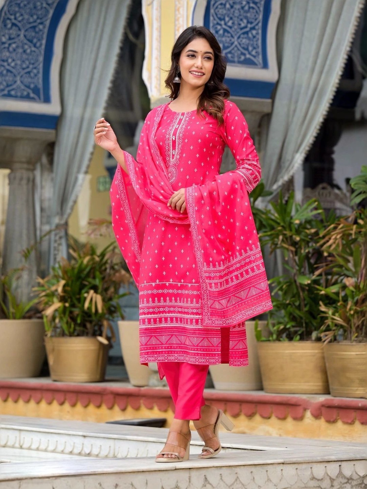 Juniper Pink Embellished Kurta Pant Set With Dupatta