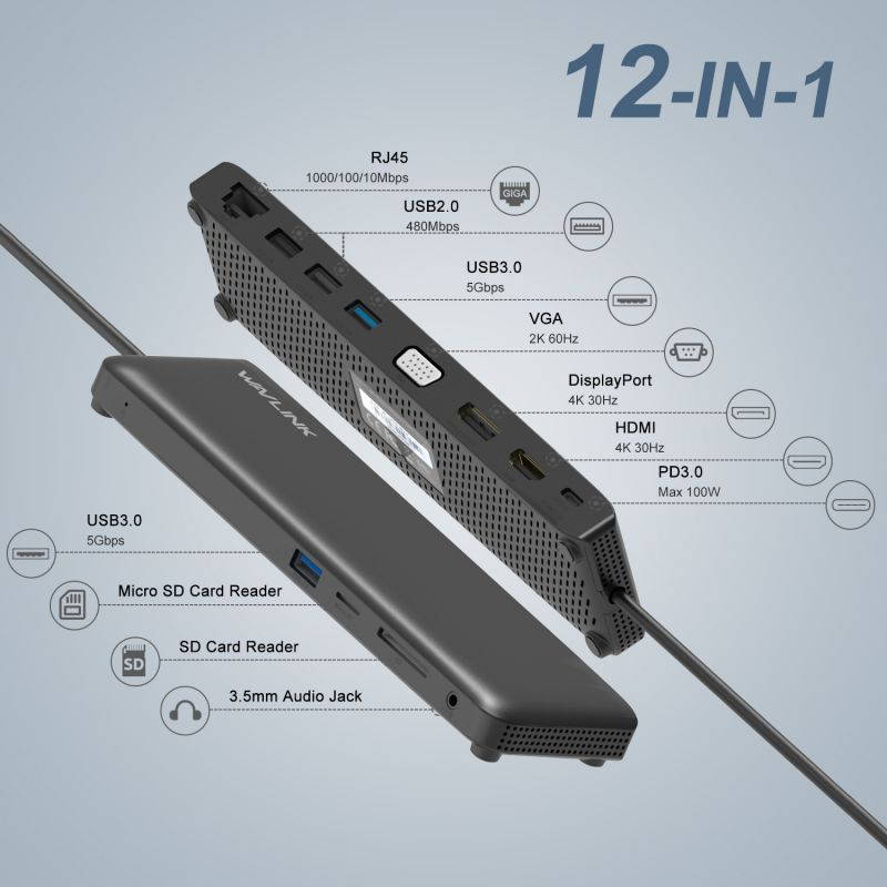 Wavlink USB C Triple Display 4K 12 in 1 USB C Docking Station, DP & HDMI &VGA with 100W PD Charging USB 3.0 & 2.0 Ports, SD TF Card Reader, Gigabit Ethernet, Audio For MacBook Pro & Windows, Linux