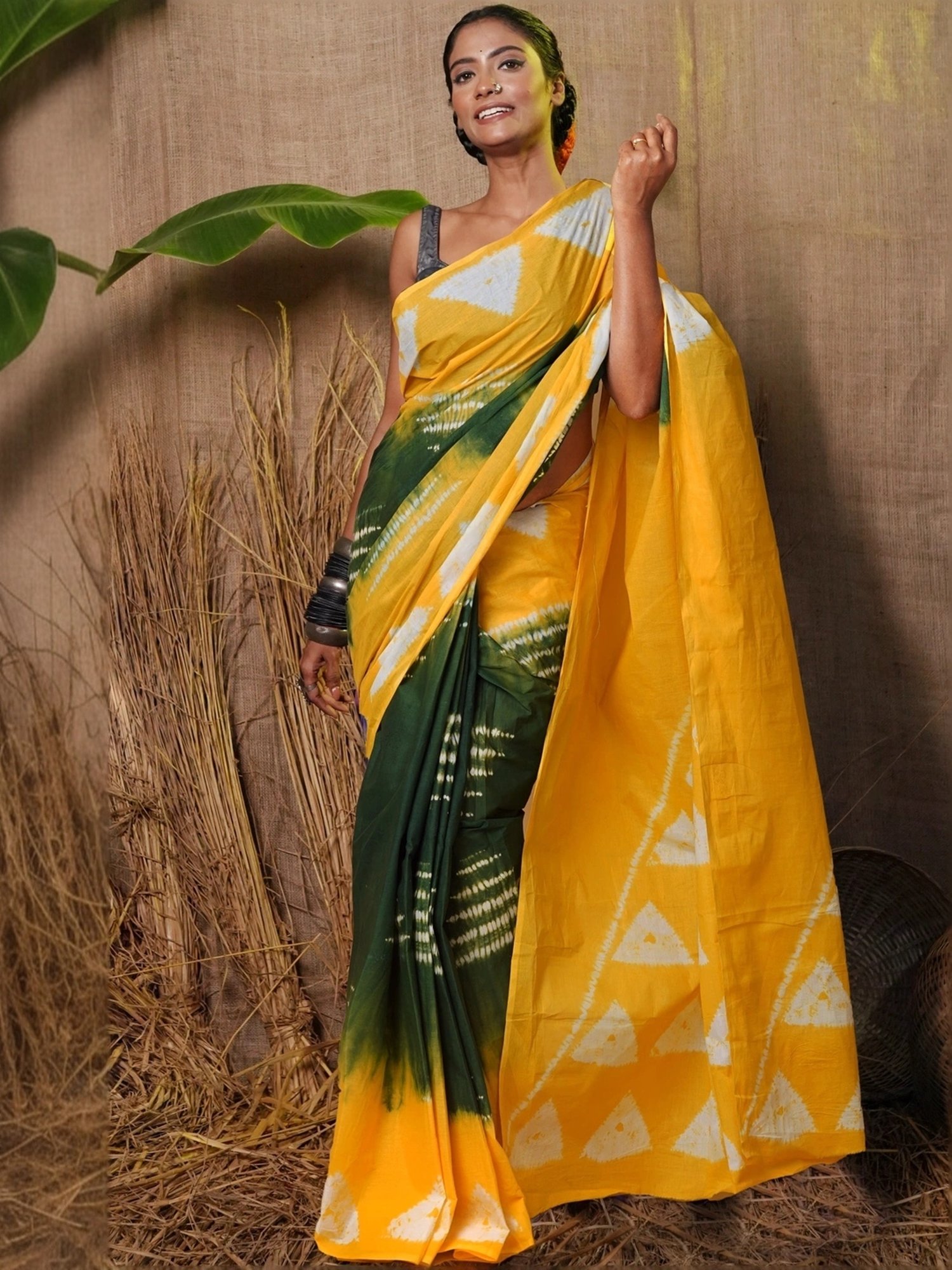 Unnati Silks Yellow & Green Cotton Printed Saree With Unstitched Blouse