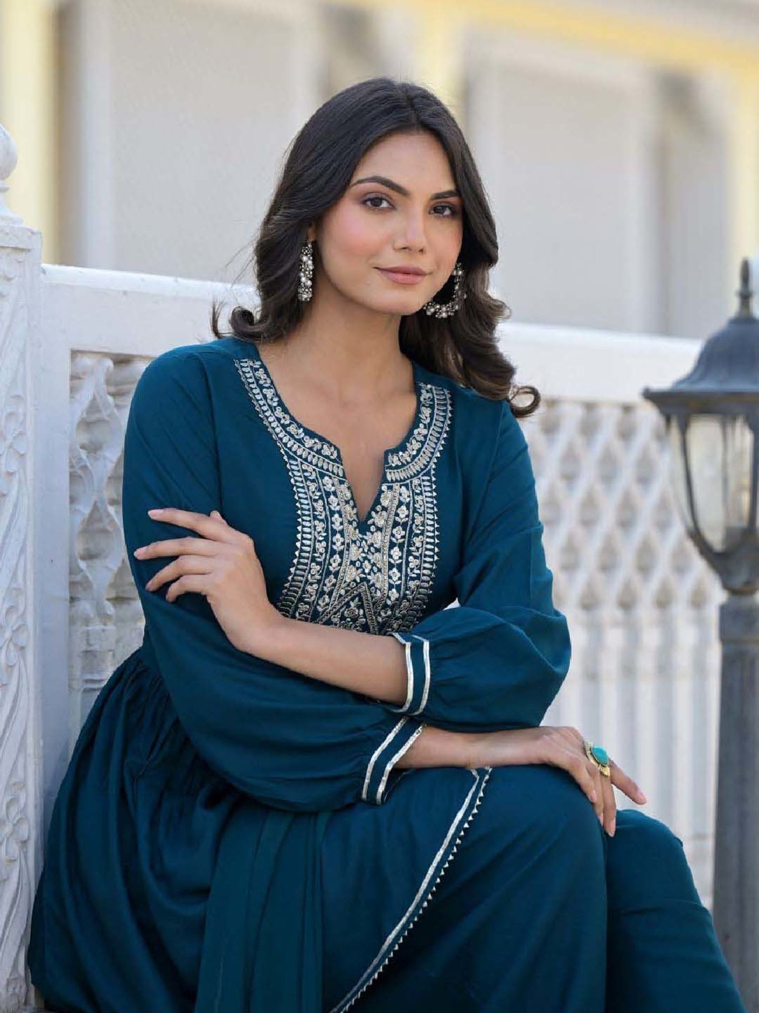 Stylum Blue Embroidered Kurti Dhoti Pant Set With Dupatta