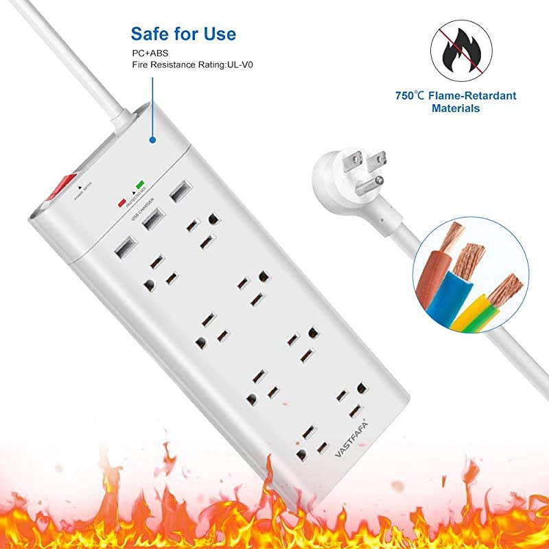 Power Strip with 3 USB Port,  Surge Protector 8-Outlet 4.5ft USB Charging Station, Wall Mount Heavy Duty Extension Cord, FCC ETL Listed, White