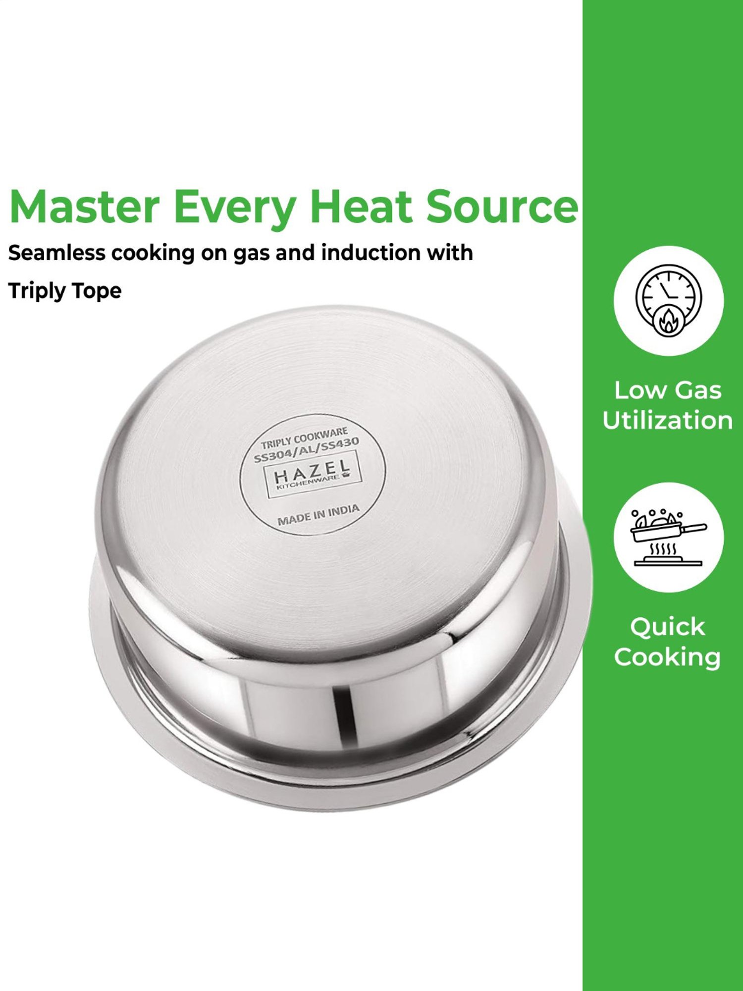 HAZEL Triply Stainless Steel Induction Bottom Tope With Stainless Steel Lid, 4.6 Litre, 23 cm