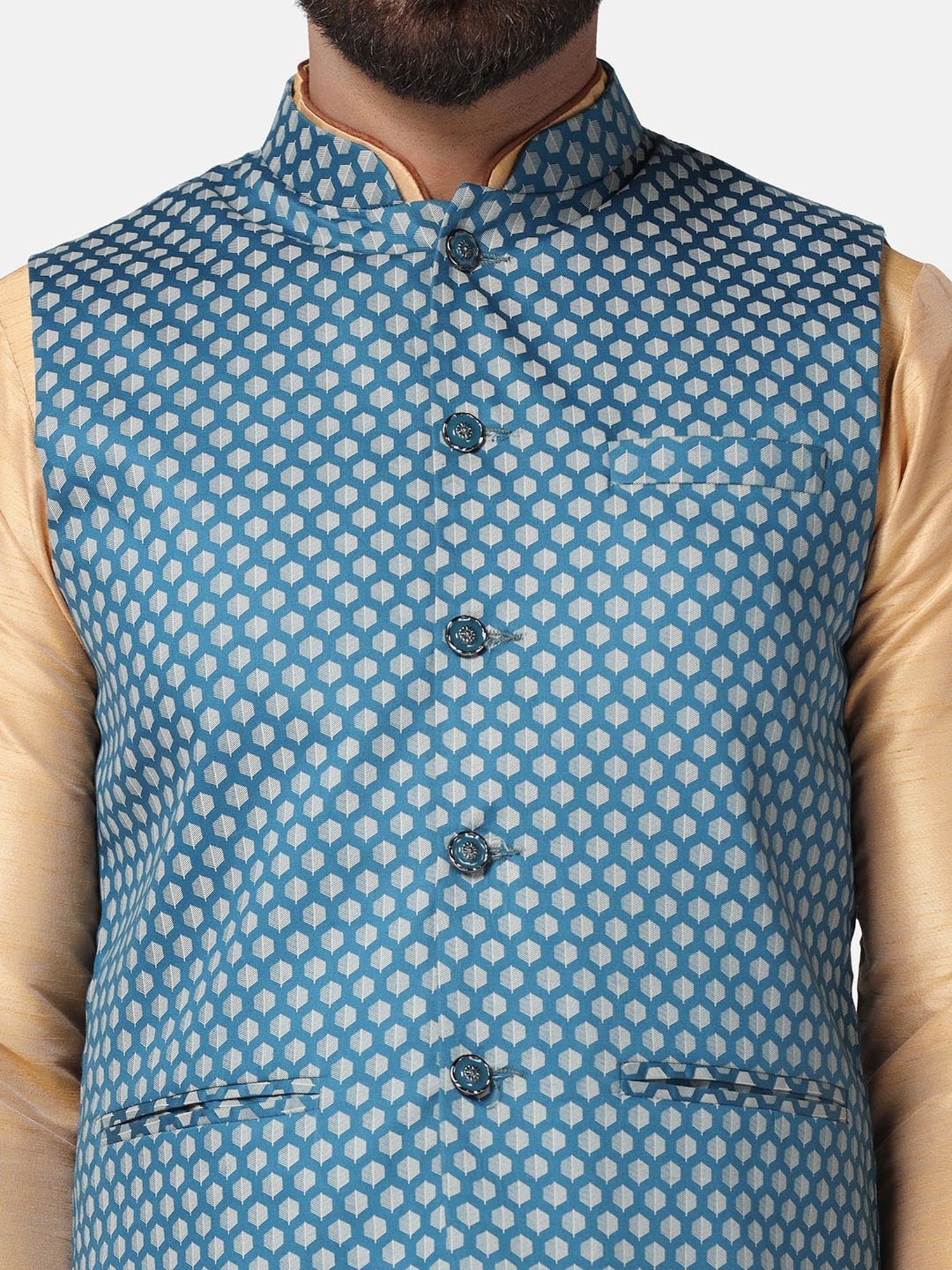 TAHVO Teal Blue Slim Fit Printed Nehru Jacket
