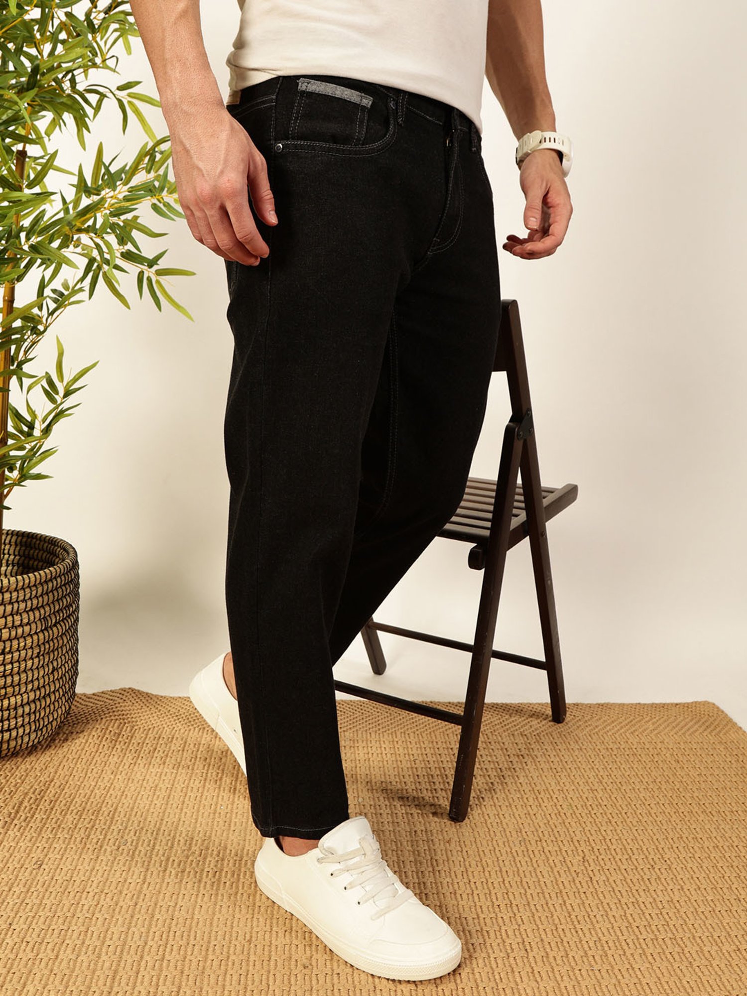 Thomas Scott Black Cotton Slim Tapered Solid Jeans