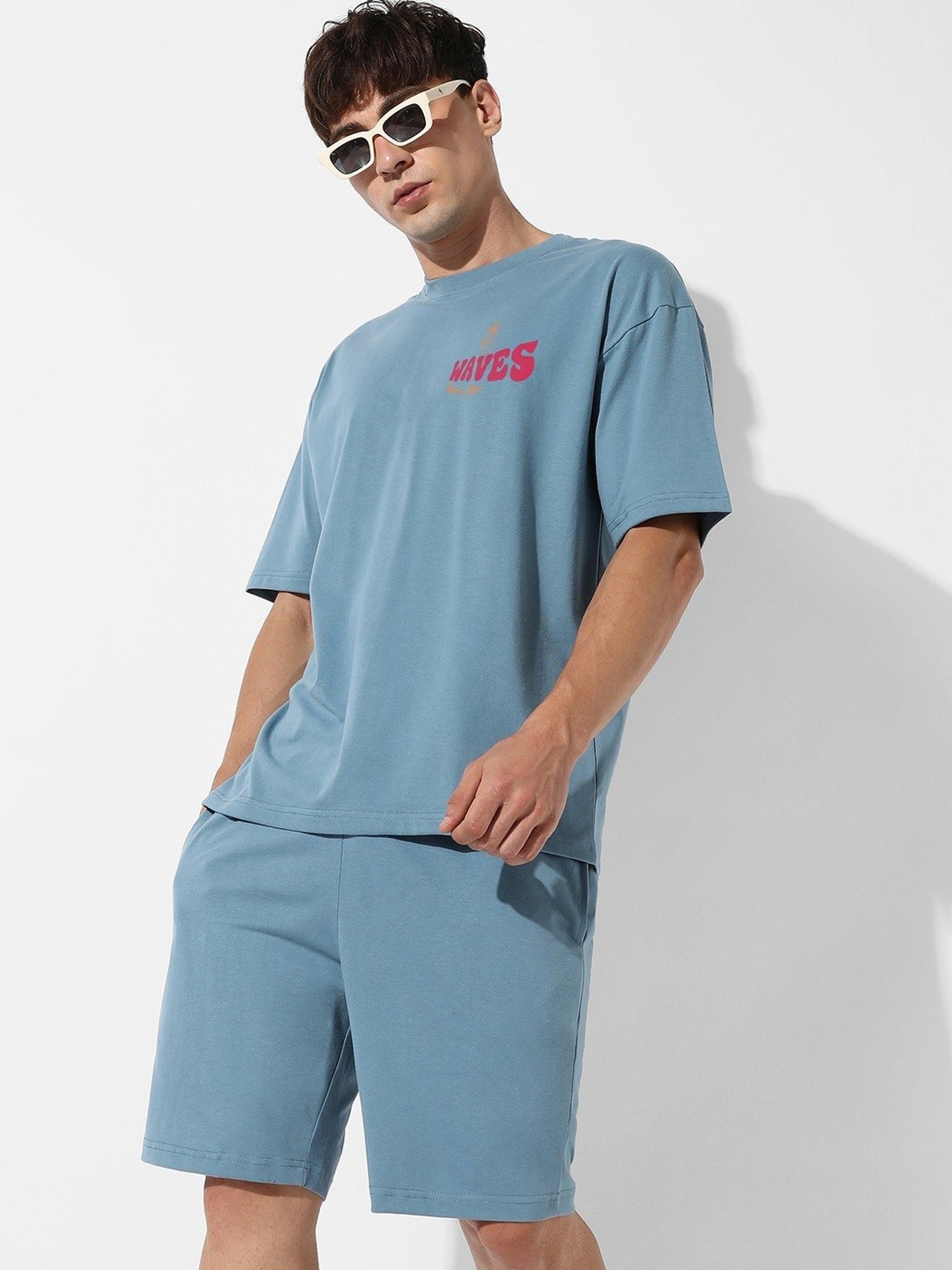 Campus Sutra Blue Regular Fit Oversized Happy Waves Printed Co-Ord Set