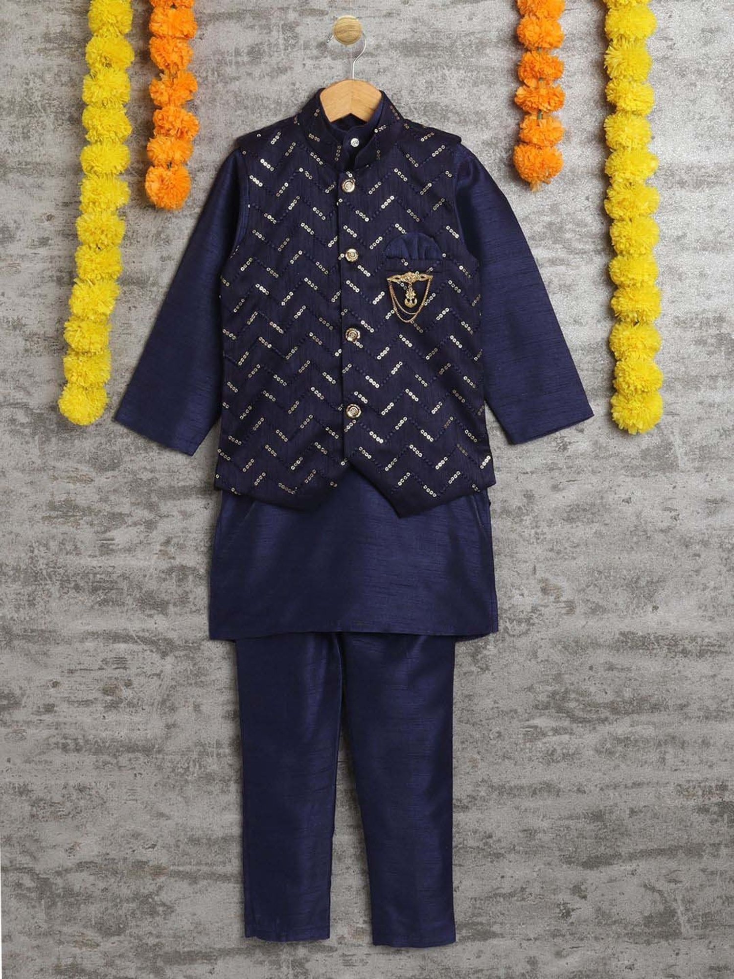 Ahhaaaa Kids Navy Embellished Full Sleeves Kurta Set
