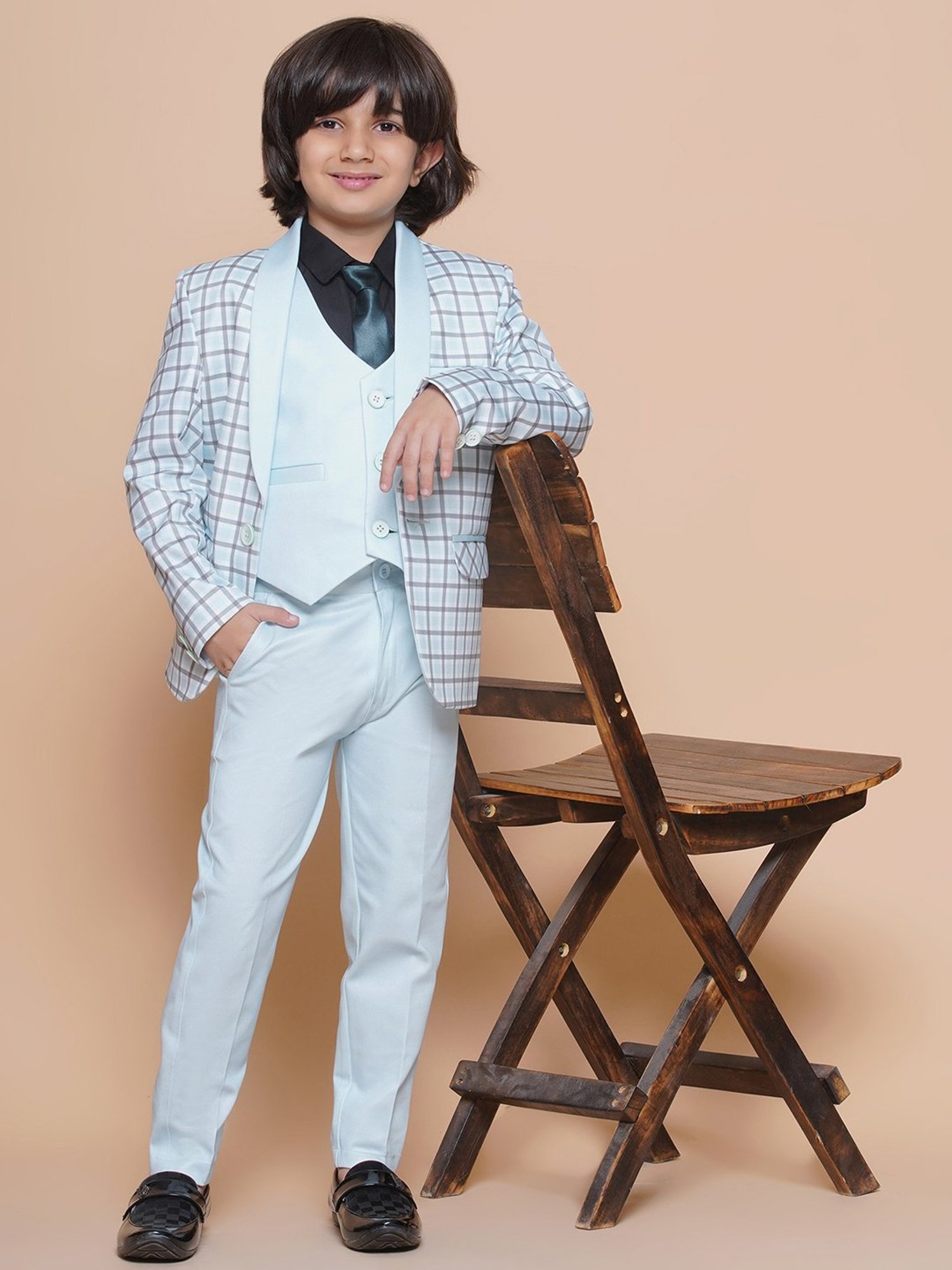 AJ Dezines Kids Sky Blue Checks Full Sleeves Shirt, Pants, Coat, Waistcoat with Tie