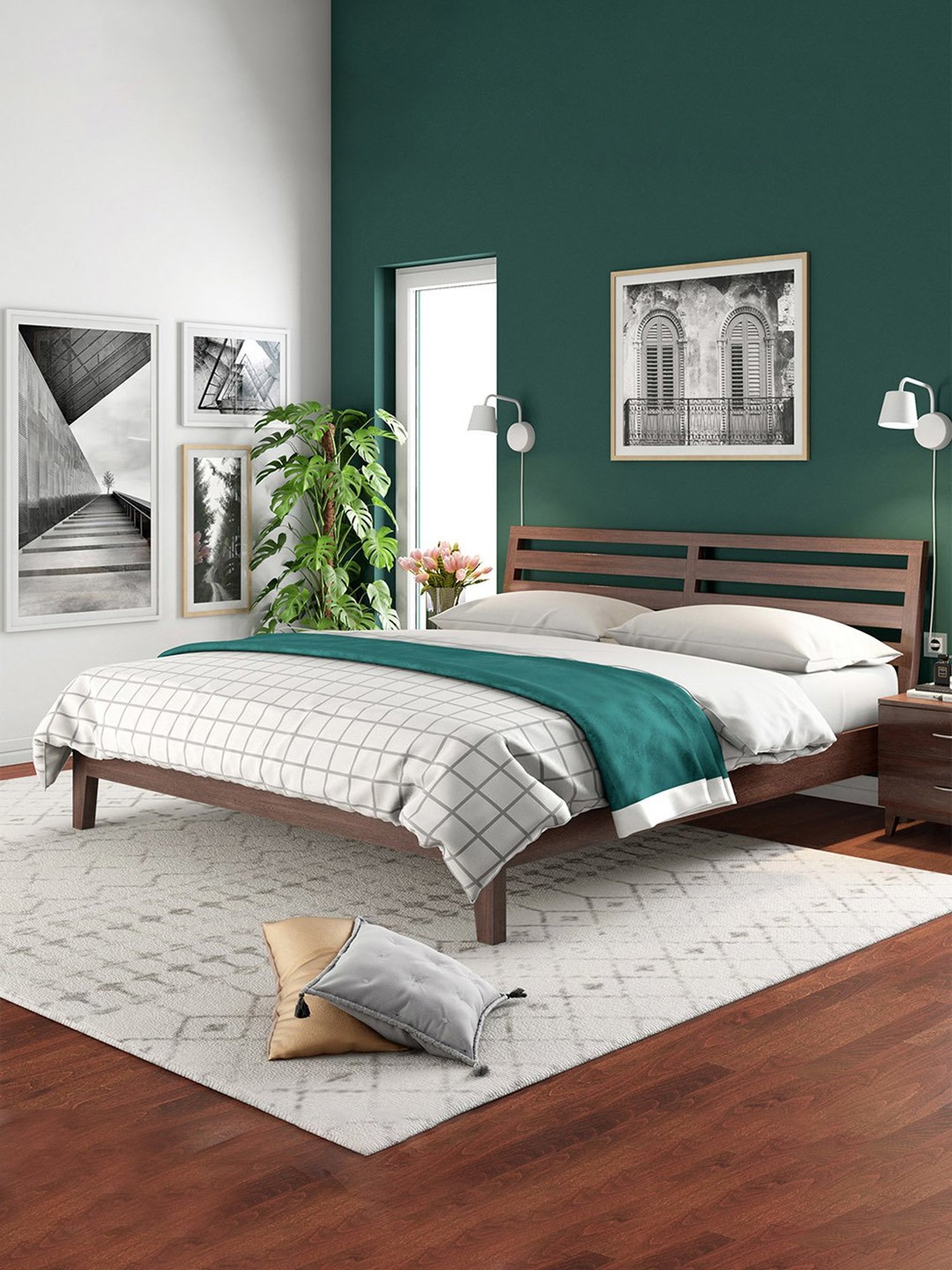 Pure Fern Solid Wood King Size Bed in Walnut Brown Matte Finish