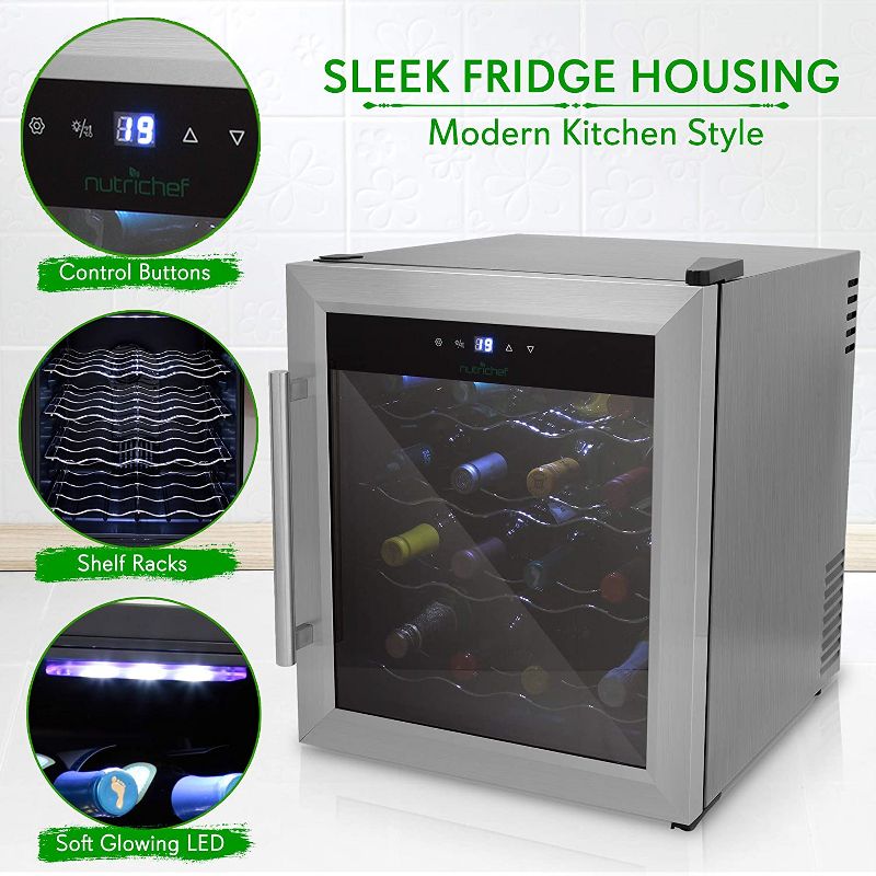 NutriChef Digital Electric 16 Bottle Adjustable Temperature Thermoelectric Freestanding Wine Chiller Cooler Cabinet Fridge, Black