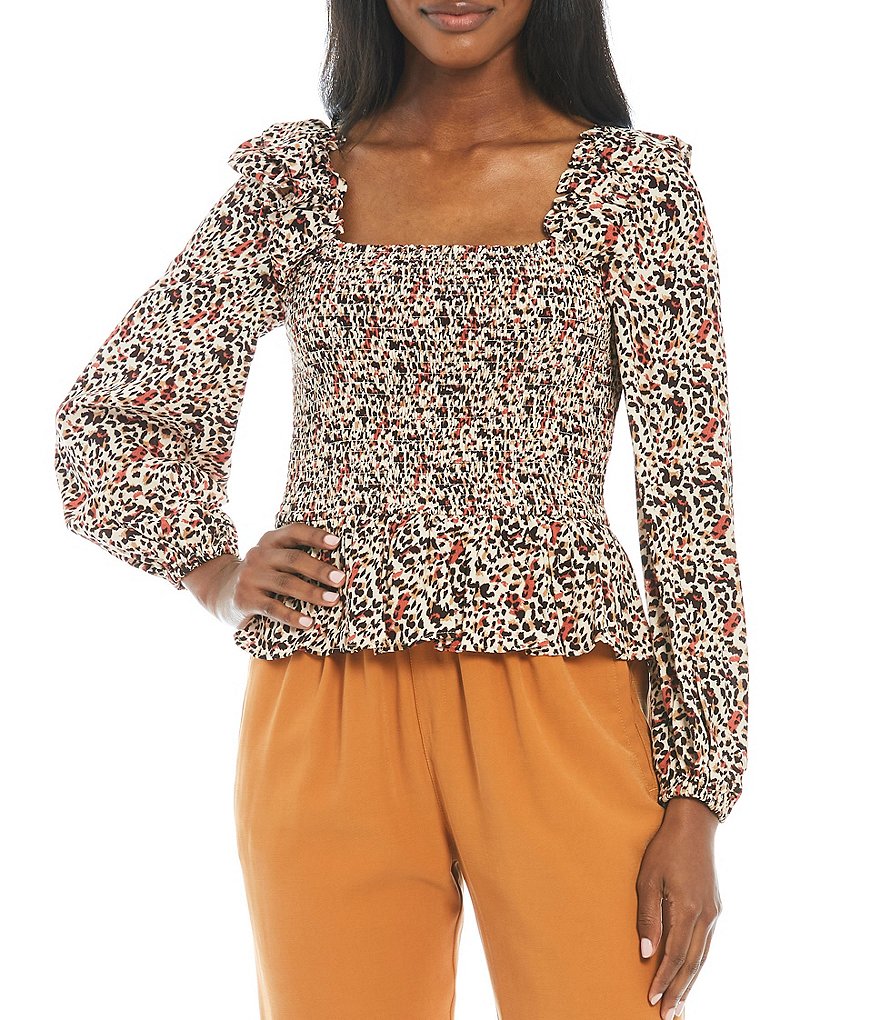 Gibson & Latimer Square Neck Long Sleeve Smocked Peplum Print Top